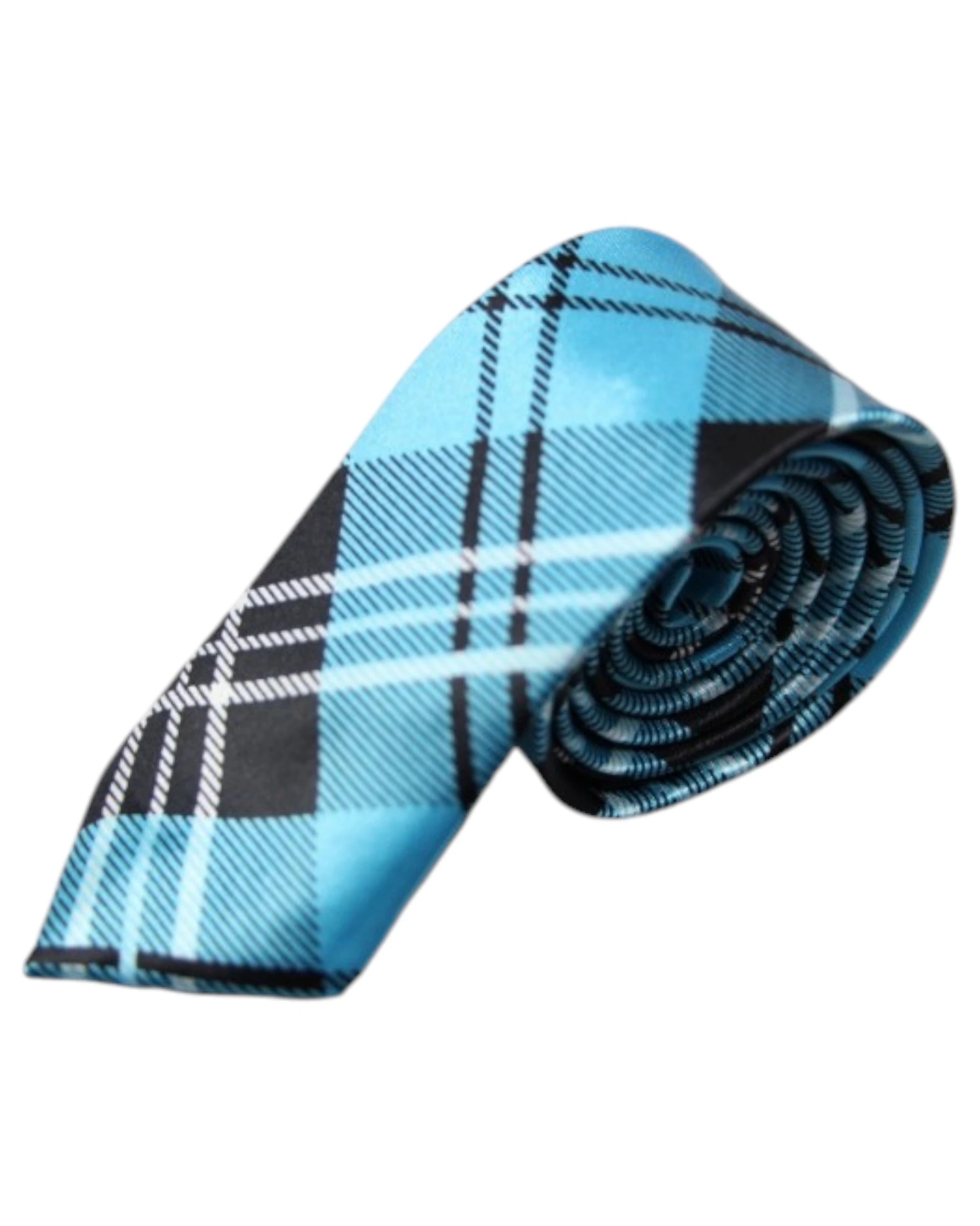 2 Zasel Mens Ocean Blue & Black Plaid Striped 5cm Skinny Neck Tie, 2 of 2