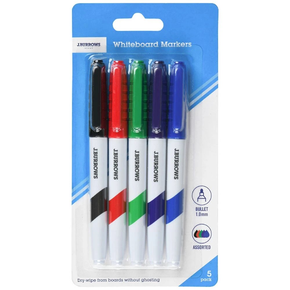 1 J.Burrows Fine Whiteboard Markers Bullet Assorted 5 Pack, 1 of 2