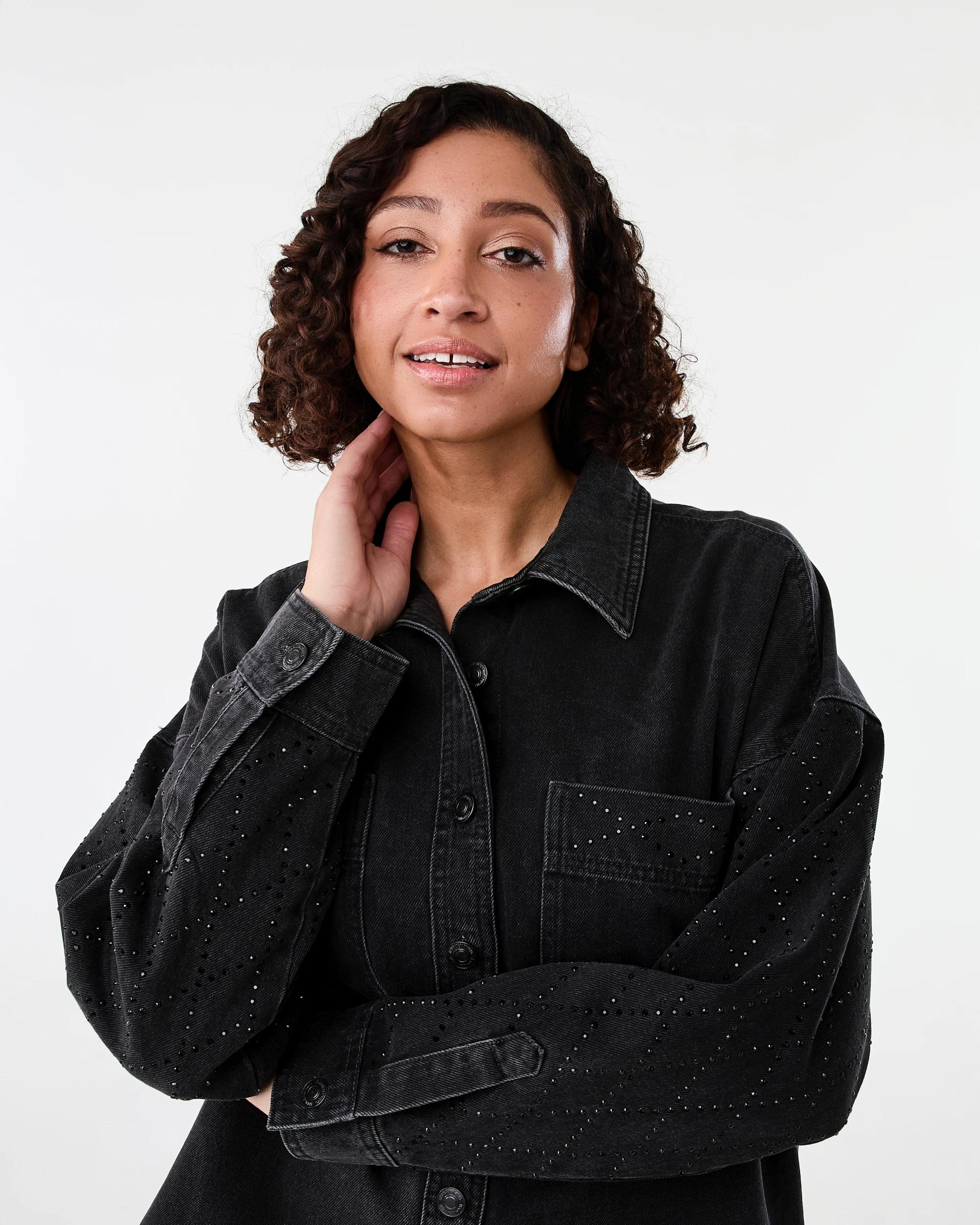 5 Long Sleeve Diamante Denim Shirt Black Wash, 5 of 9