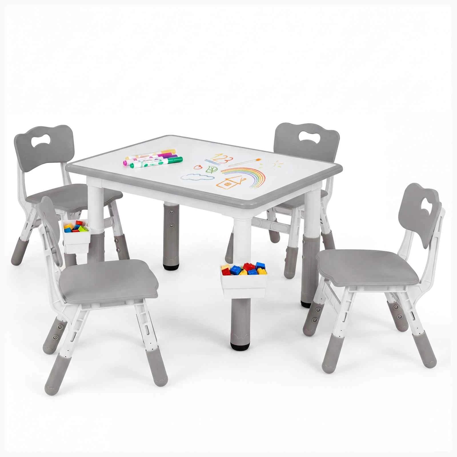 1 Costway Kids Table & 4 Chairs Set Height Adjustable Desk Activity Art Study - Grey, 1 of 4