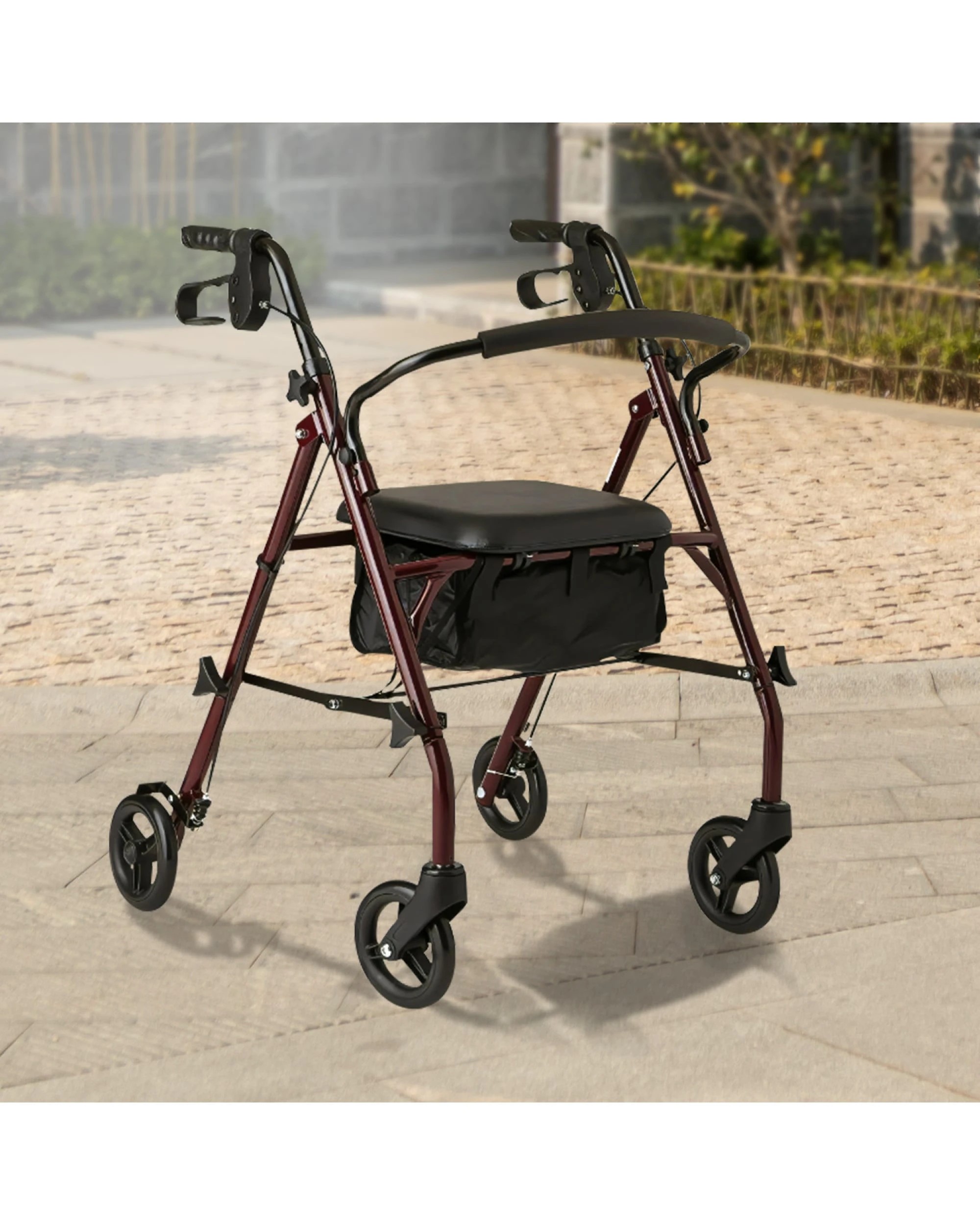 2 Orthonica Folding Steel Rollator 4-Wheel Walker, Adjustable Handles, Storage Seat - Black, 2 of 8