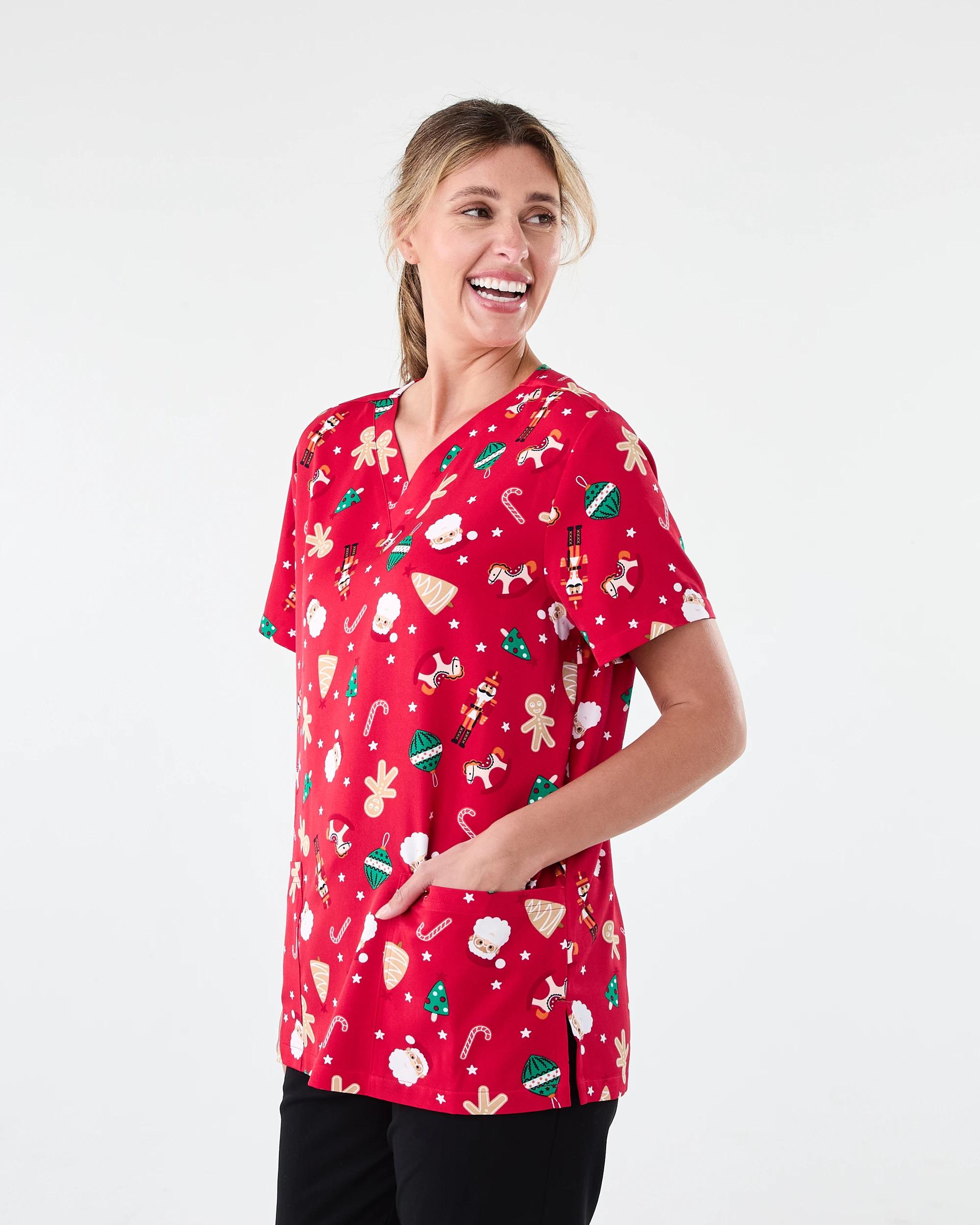 2 Workwear Short Sleeve Christmas Scrub Top SANTA DECORATION STRAWBERRY, 2 of 7