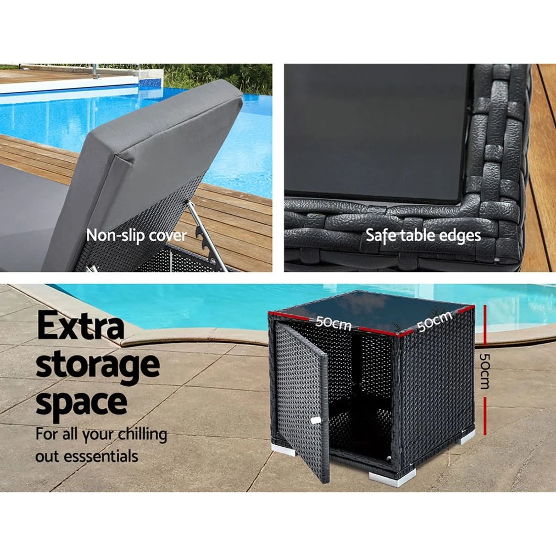 5 Gardeon 3 Piece Rattan Sun Lounge Set Adjustable Backrests Cushioned Day Bed Outdoor Wicker Aluminium Frame - Black, 5 of 8