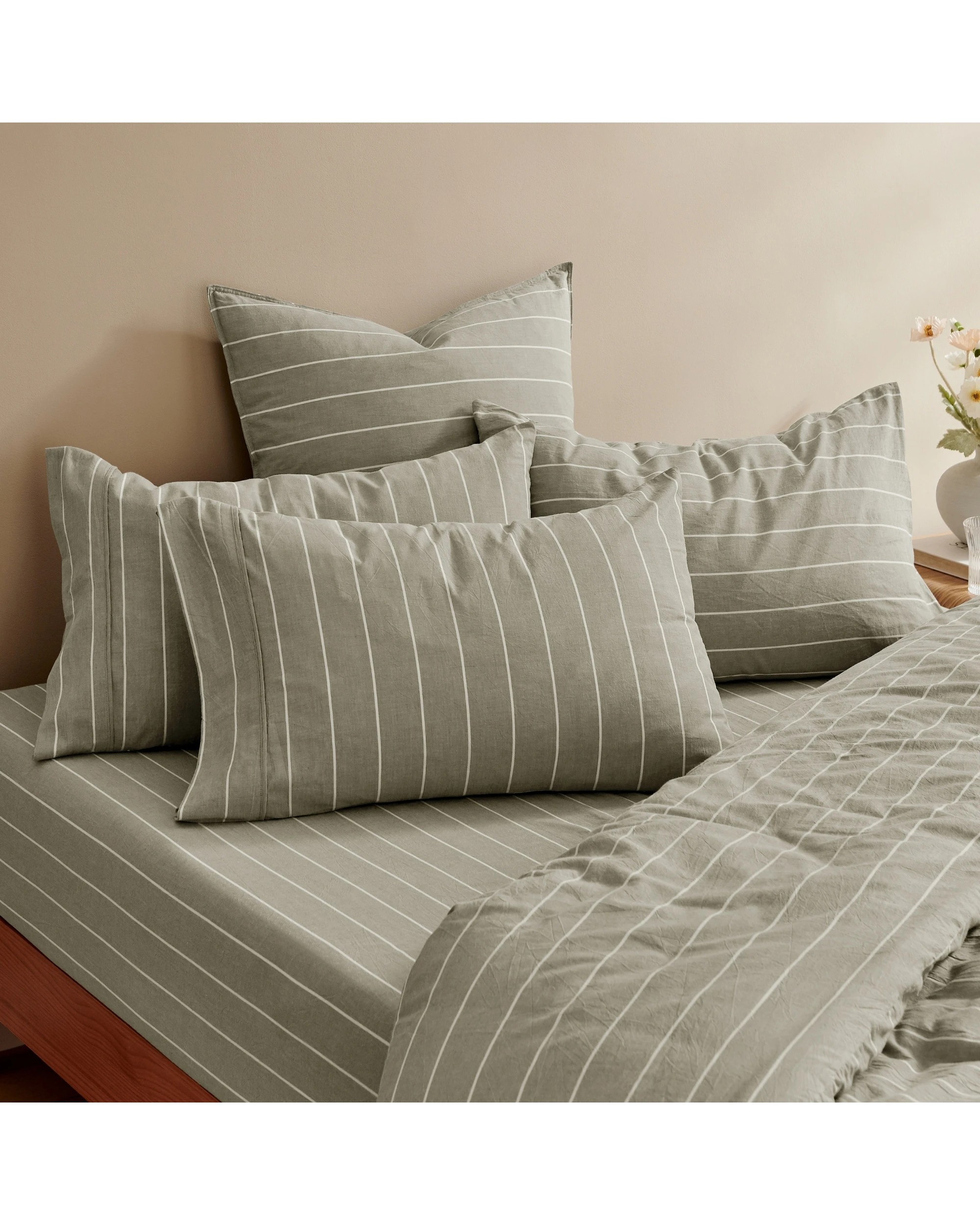6 Dreamaker Rumi Stripe Washed Cotton Fitted Sheet Set - Single Bed - Olive with White, 6 of 6