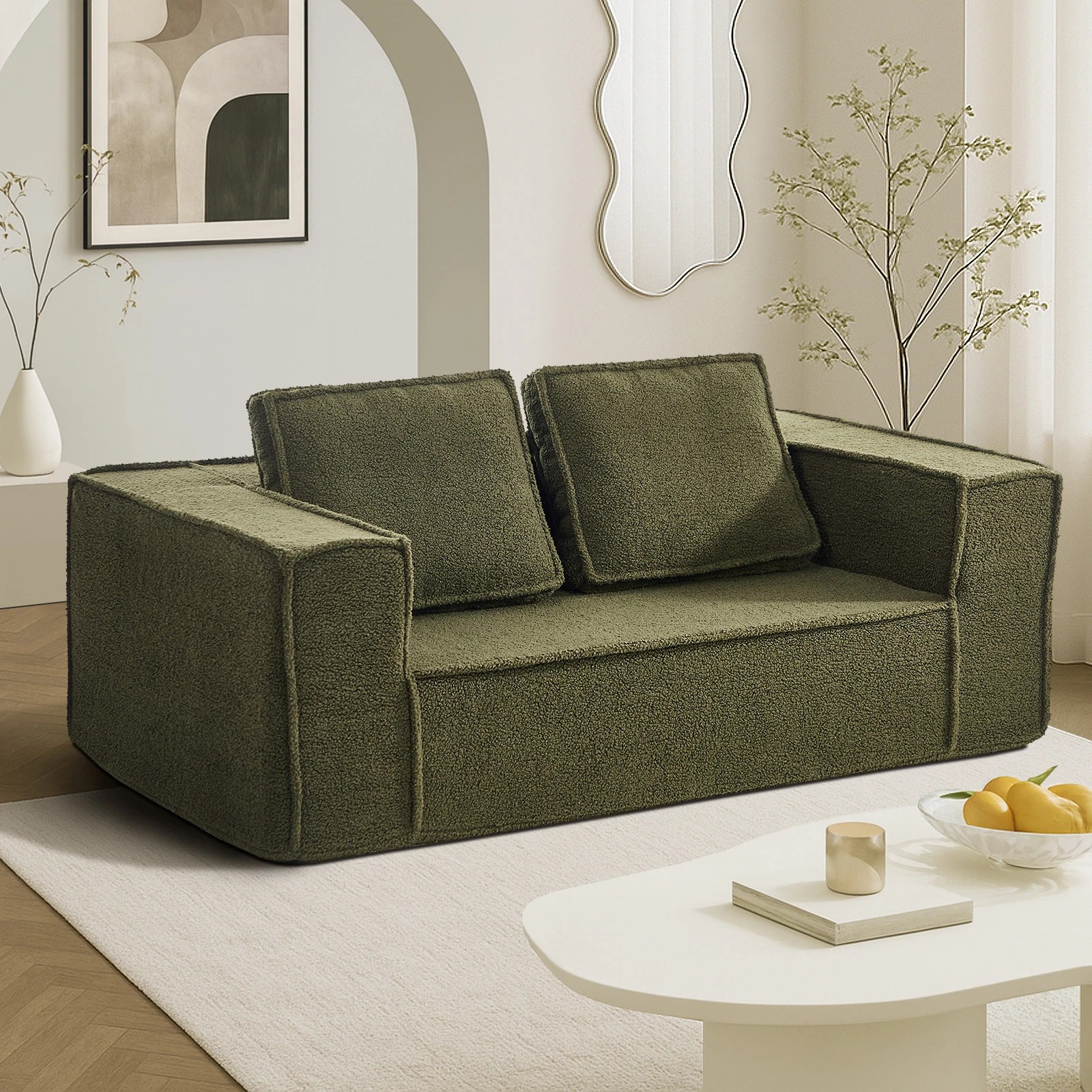 2 Oikiture 2-Seater Compressed Sofa Sherpa Boucle - Green, 2 of 10