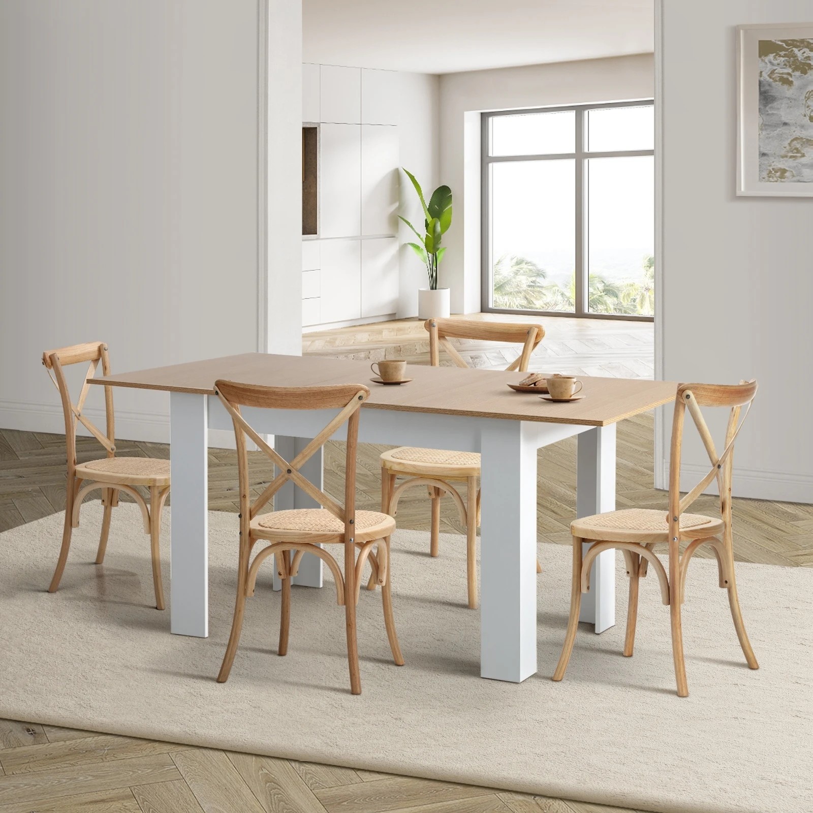 2 Oikiture 160cm Extendable Dining Table With 4pcs Dining Chairs Crossback Wooden
 - Multi, 2 of 10