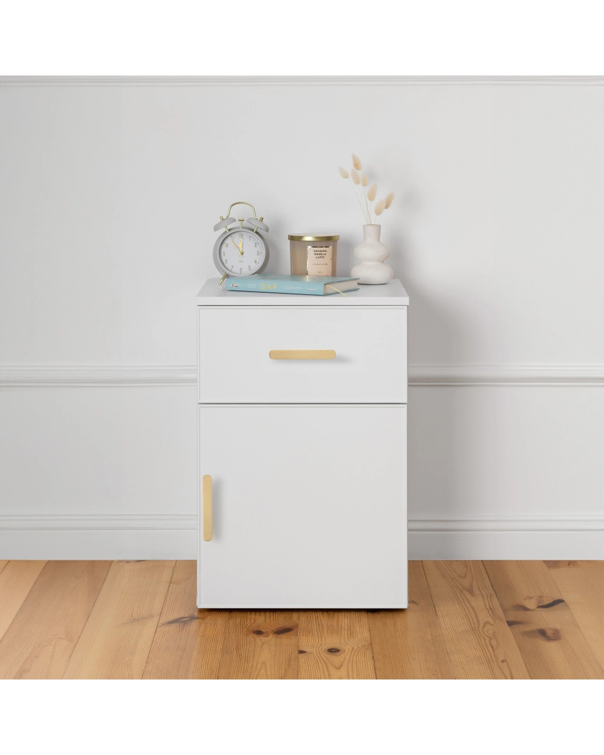 3 European Cabinetry Porto Bedside Table Slim Front Brass Oval Handle - White, 3 of 4