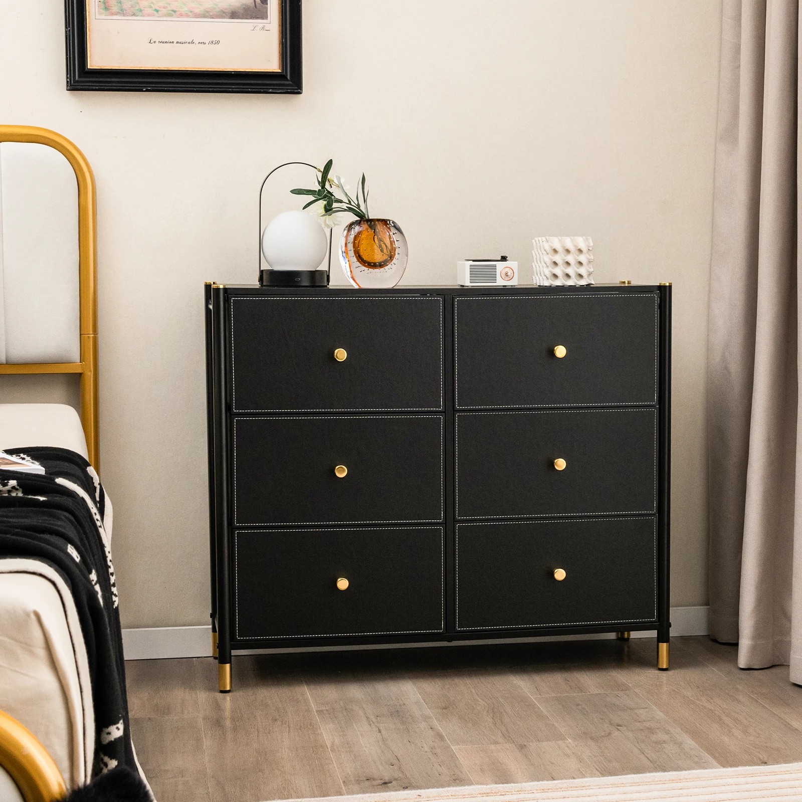 4 Costway 6 Chest of Drawers Storage Dresser Organiser Unit w/Metal Frame & Fabric Bins Tallboy Cabinet - Black, 4 of 5