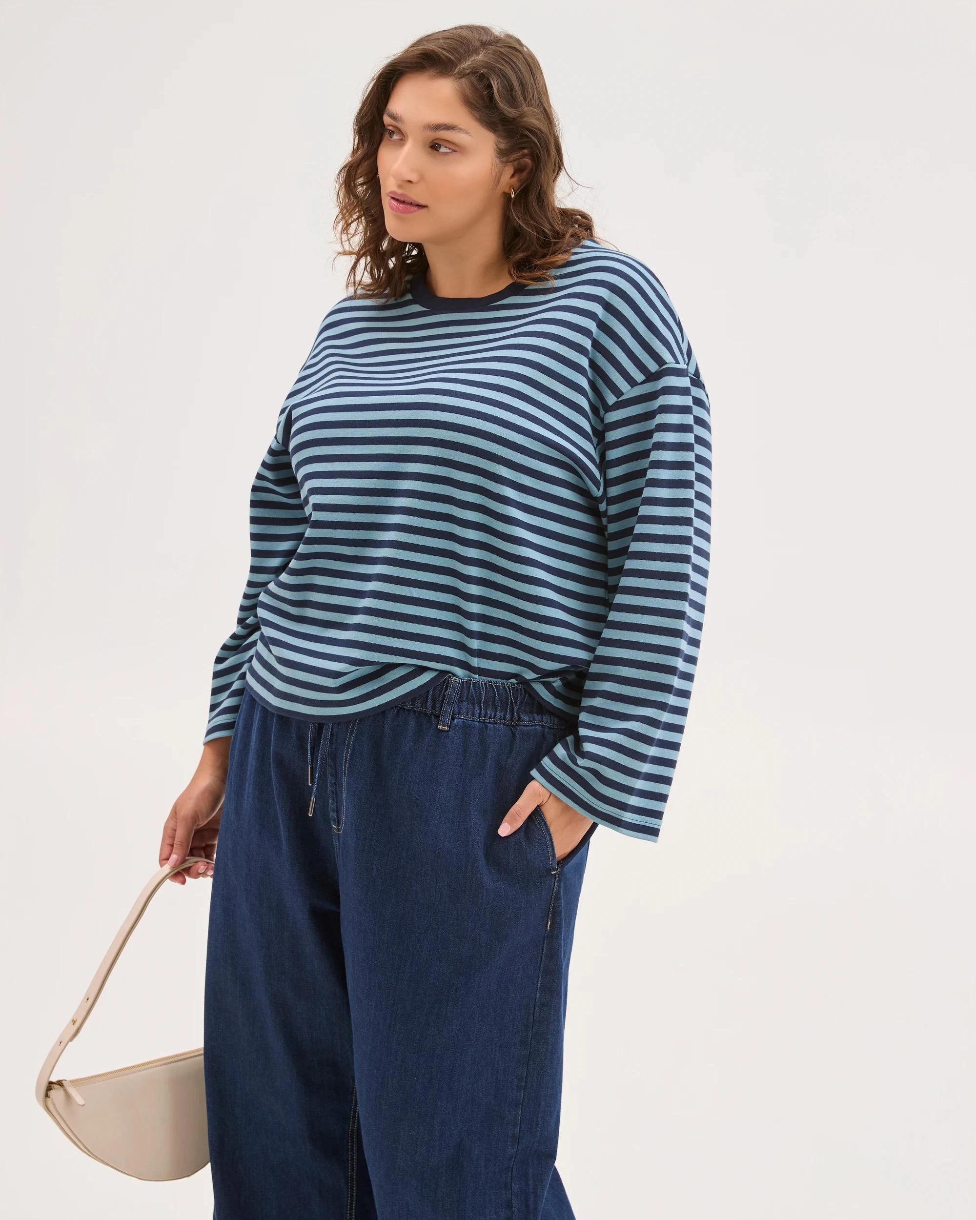 1 Target Curve Plus Size Australian Cotton Long Wide Sleeve T-Shirt NAVY BLAZER STRIPE, 1 of 7