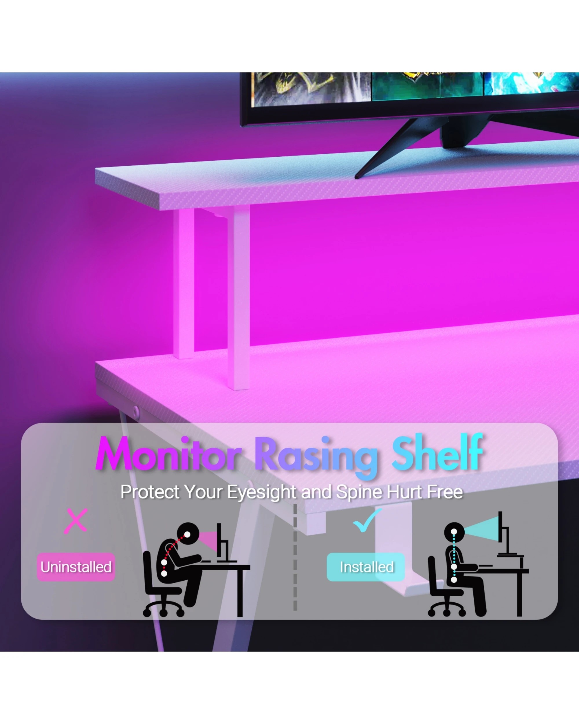 6 Advwin White L Shaped Gaming Desk With Led Lights & Power Outlets, 6 of 8