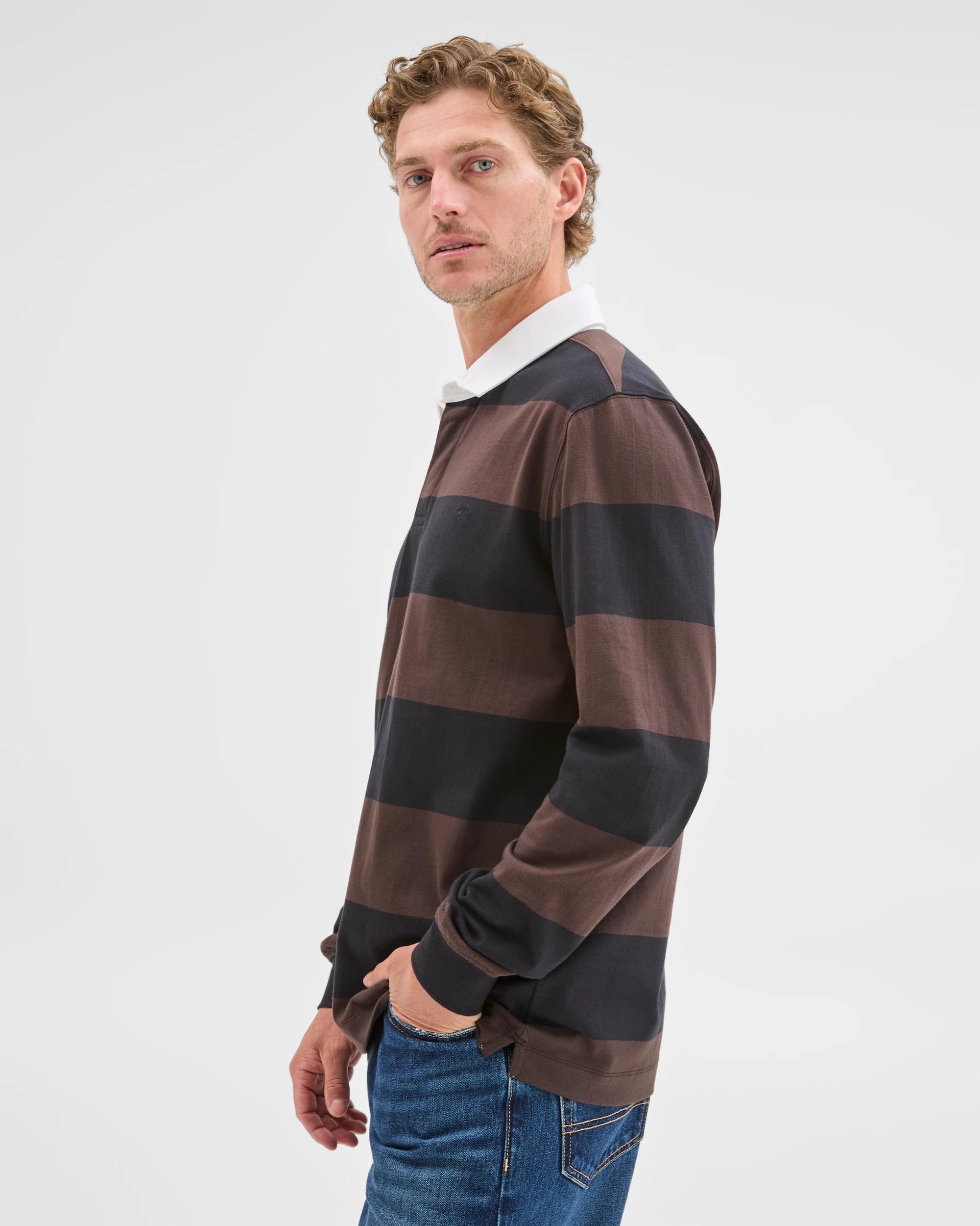 3 Target Man Australian Cotton Long Sleeve Rugby Polo Top CHOCOLATE STRIPE, 3 of 8
