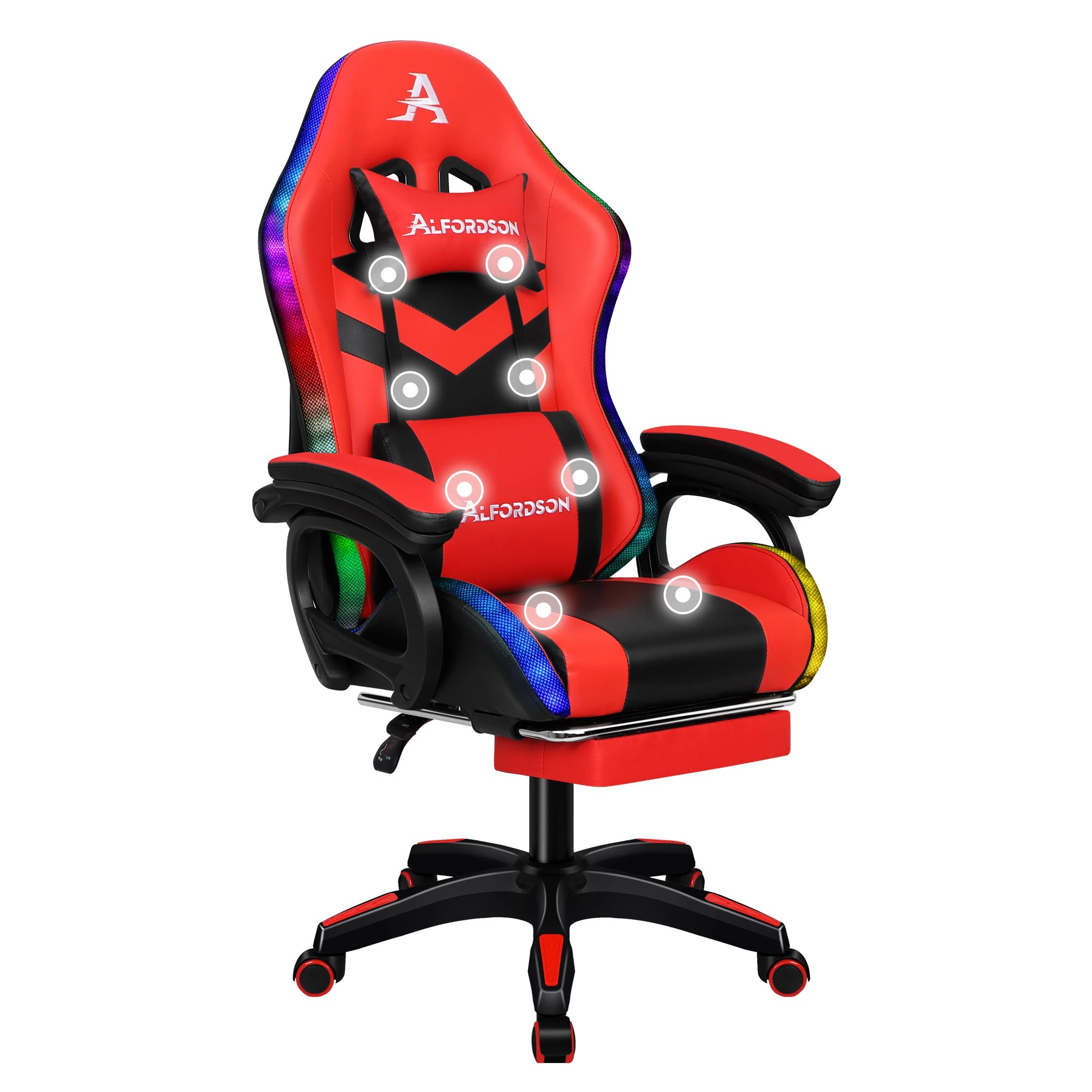 1 Alfordson Gaming Office Chair 12 RGB LED Massage Computer Seat Footrest - Red, 1 of 10