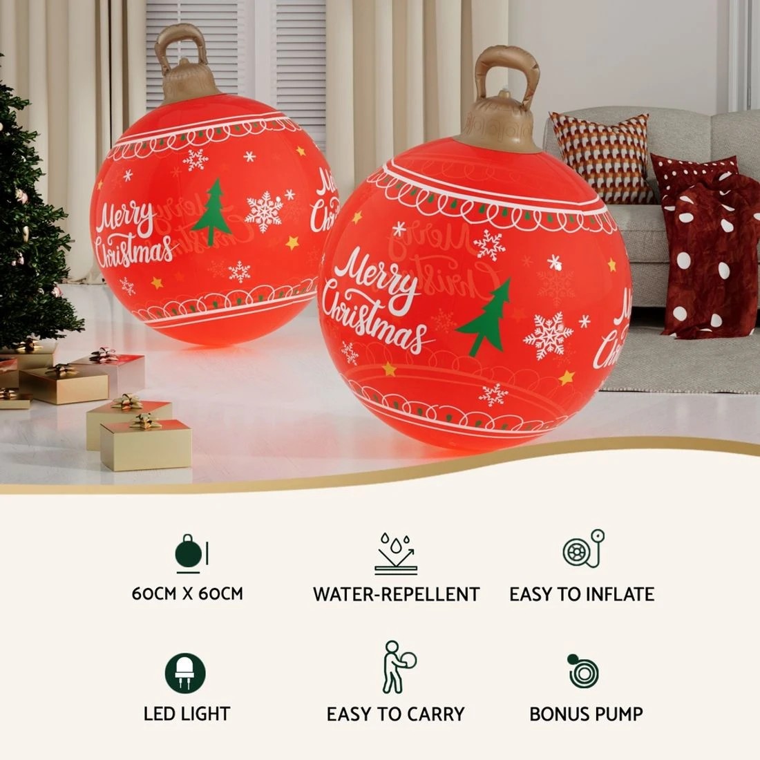 5 Jingle Jollys Christmas Inflatable Ball 60cm Led Illuminated Xmas Decoration - Red, 5 of 7