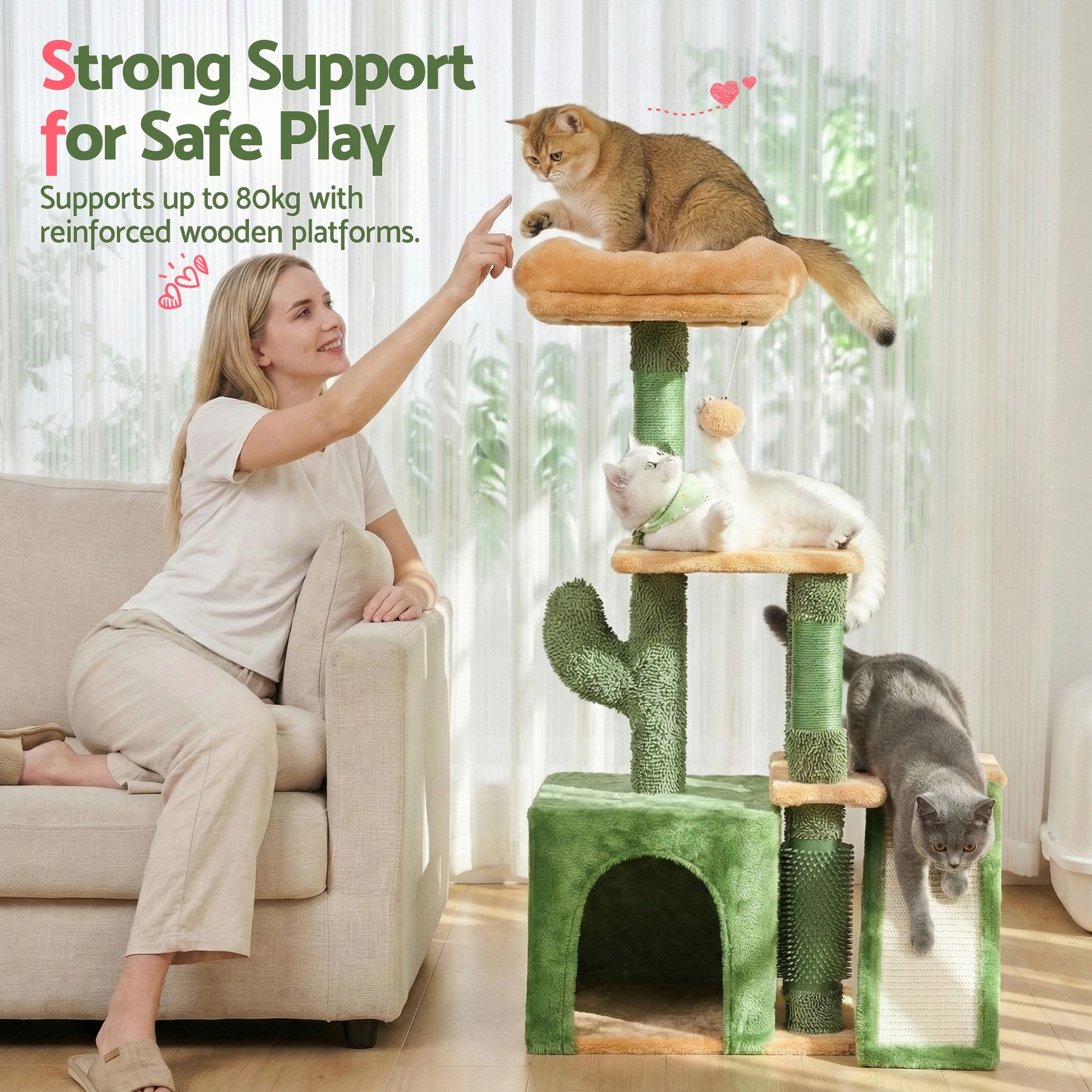 7 i.Pet Cat Tree Tower 101cm Scratching Post Furniture Scratcher House - Green, 7 of 7