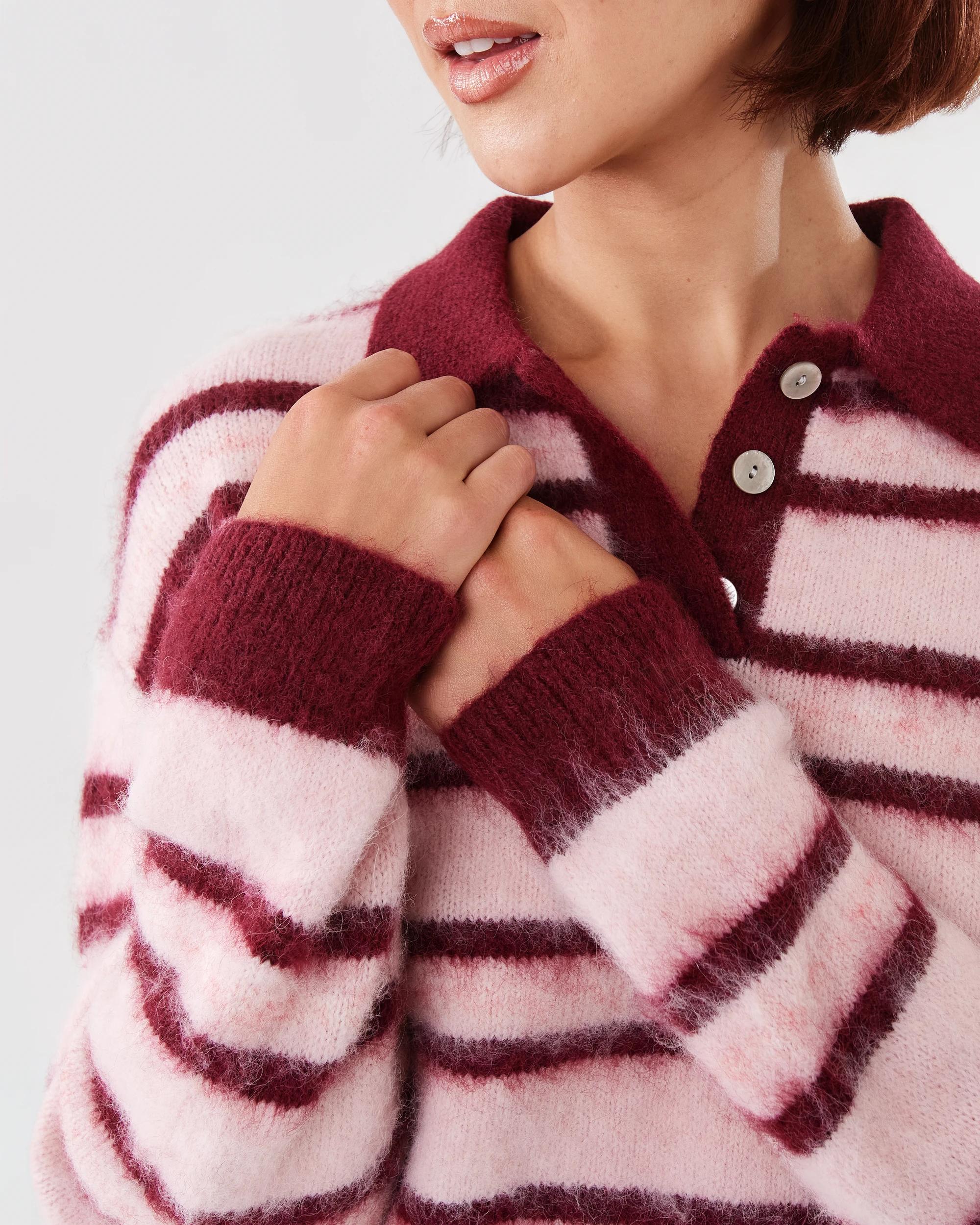 8 Long Sleeve Fluffy Polo Jumper Pnk Stripe, 8 of 8