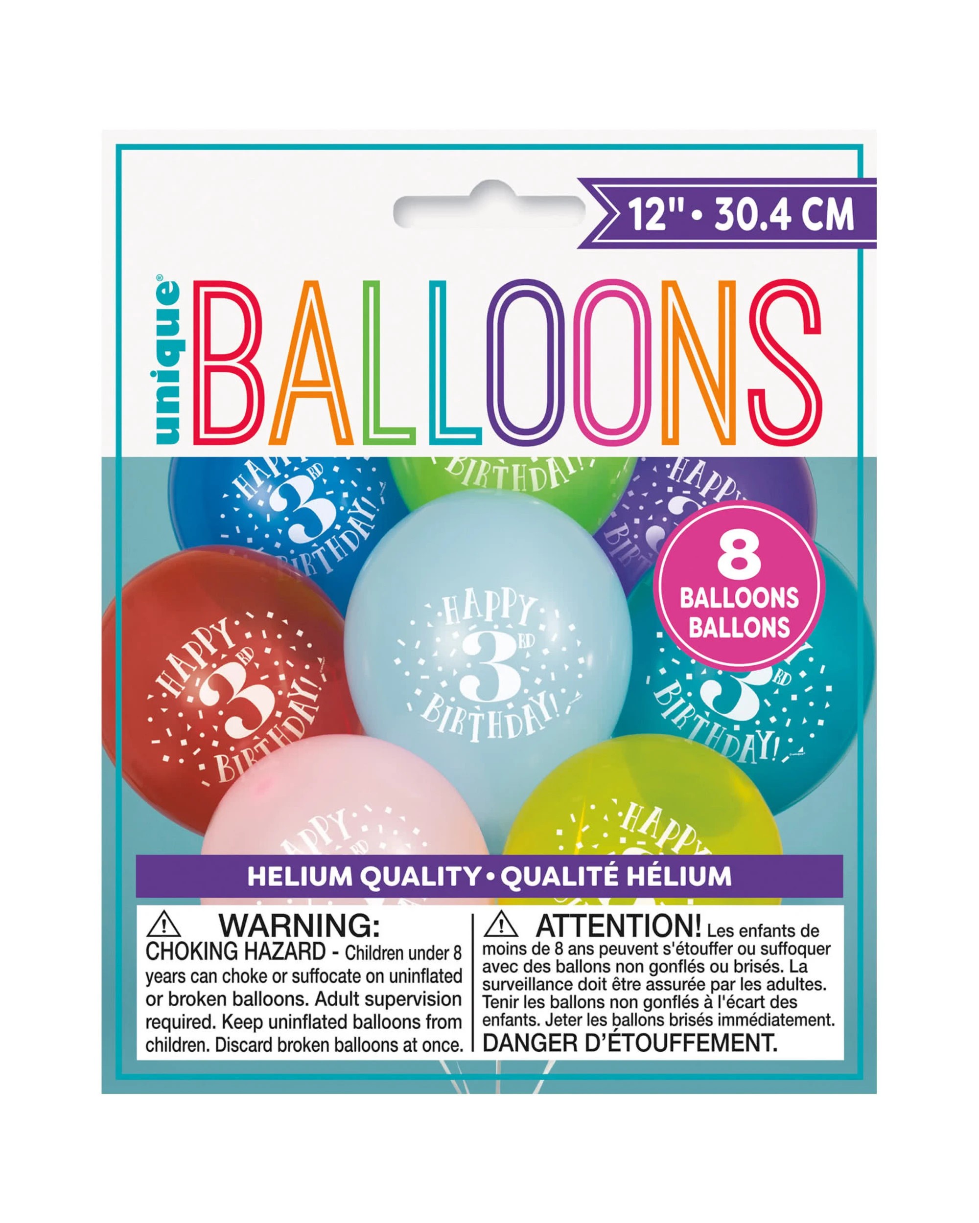 2 Unique 3rd Birthday Coloured Balloons 30cm Round Pack of 8 - Multi, 2 of 2