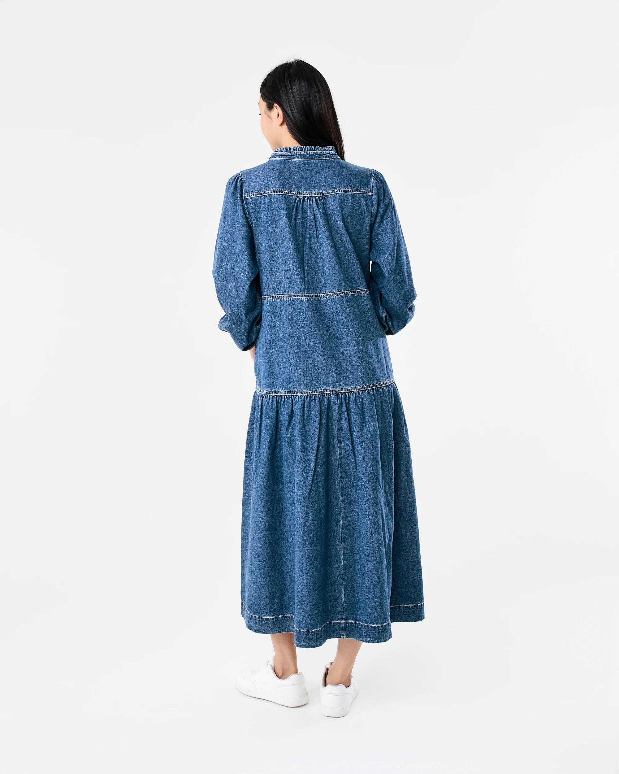 3 Long Sleeve Denim Notch Neck Maxi Dress Mid Wash, 3 of 8