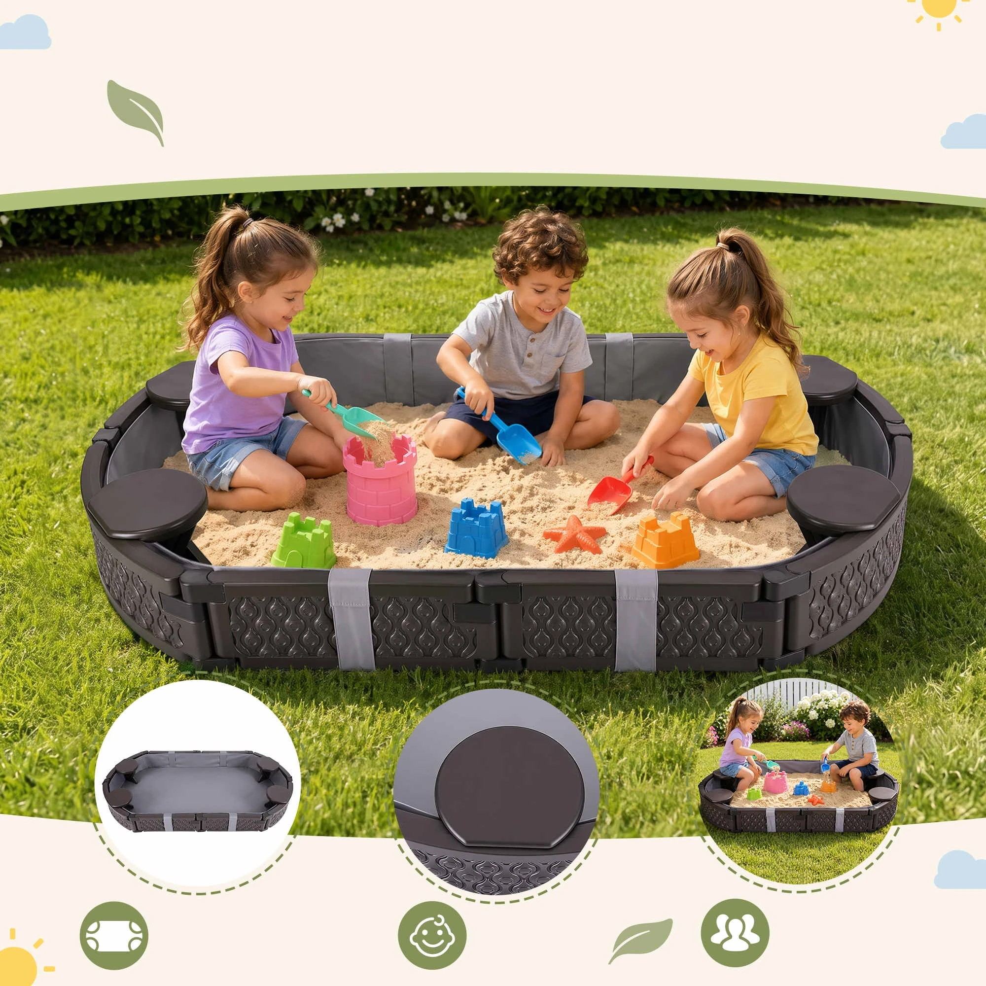 5 Keezi Kids Oval Outdoor Sandpit Toys with 4 Seats and Grey Liner Cloth - Brown, 5 of 8