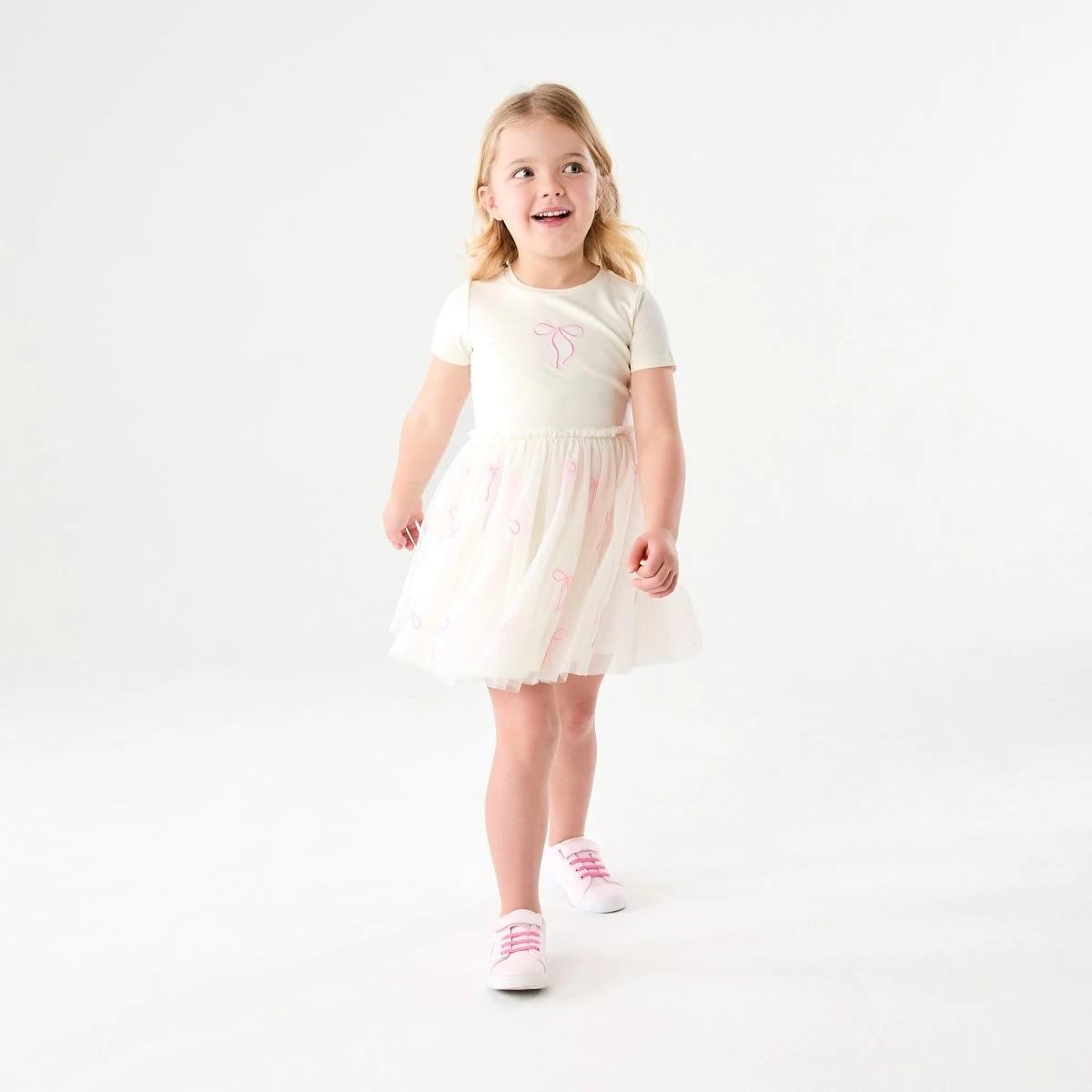 7 Short Sleeve Tutu Dress RIBBON BOW EMB BUTTER BIEGE, 7 of 8