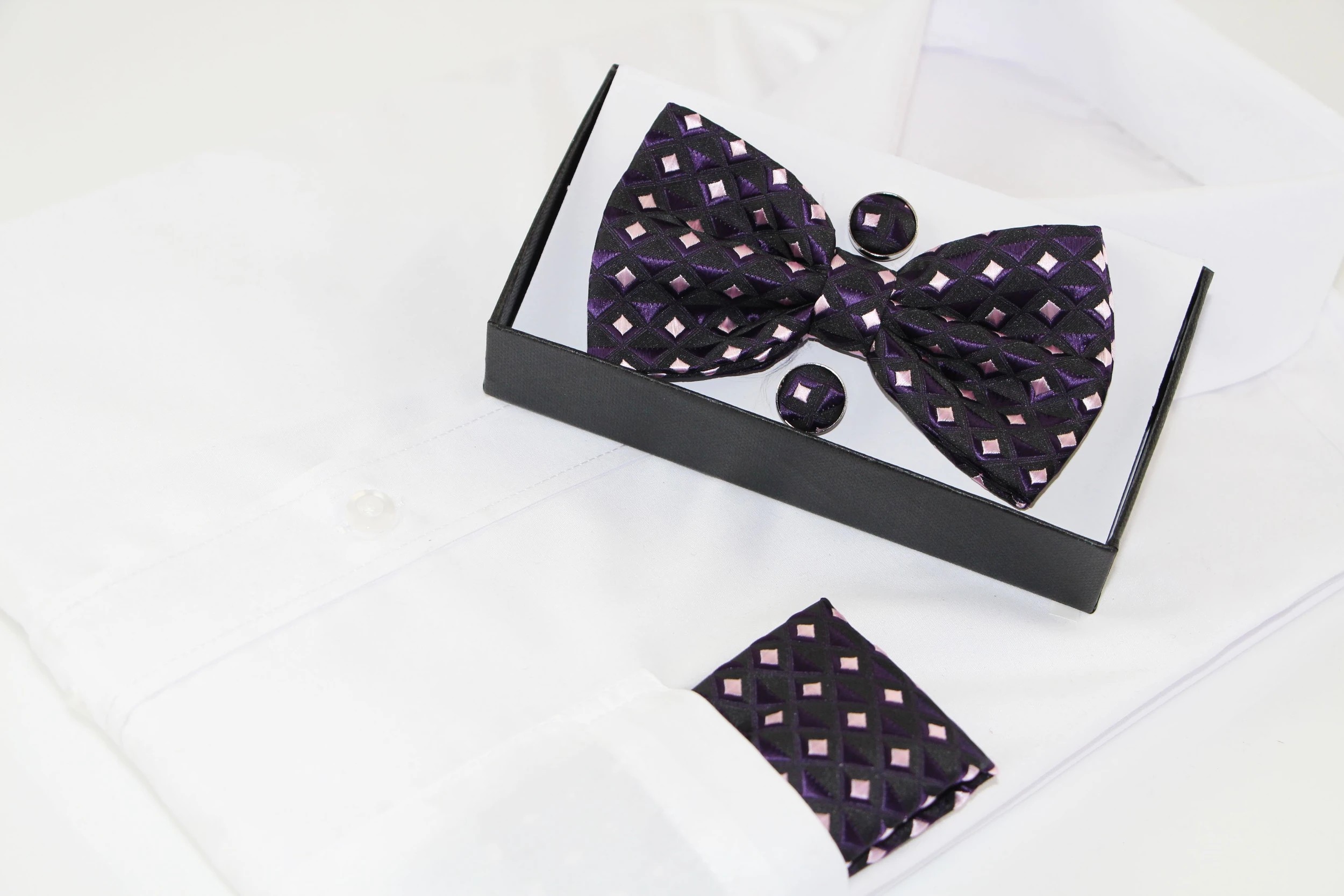 1 Zasel Mens Dark Purple Diamond Matching Bow Tie, Pocket Square & Cuff Links Set - Multi, 1 of 1