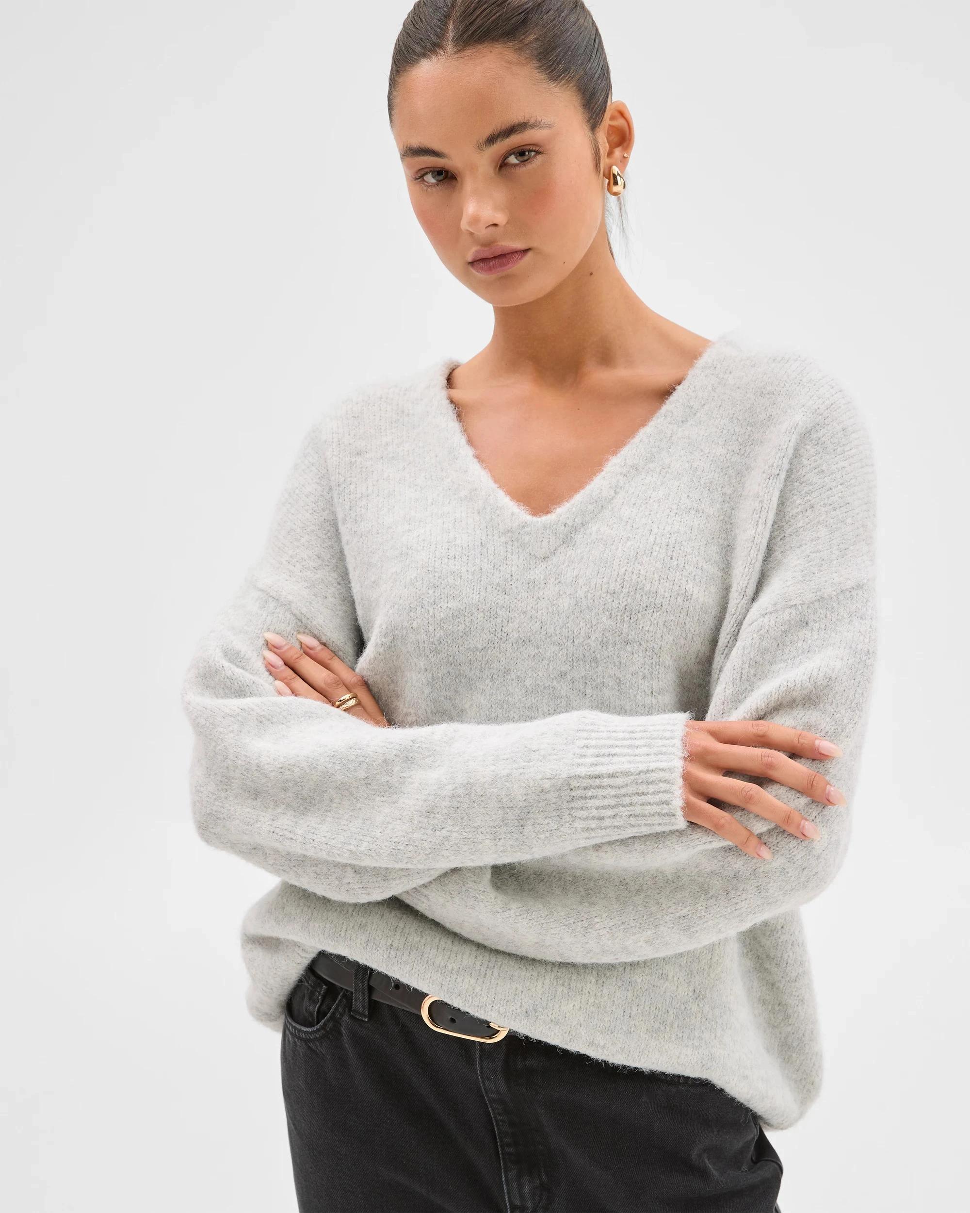 3 Lily Loves V-Neck Fluffy Knit Jumper SILVER MARLE, 3 of 7
