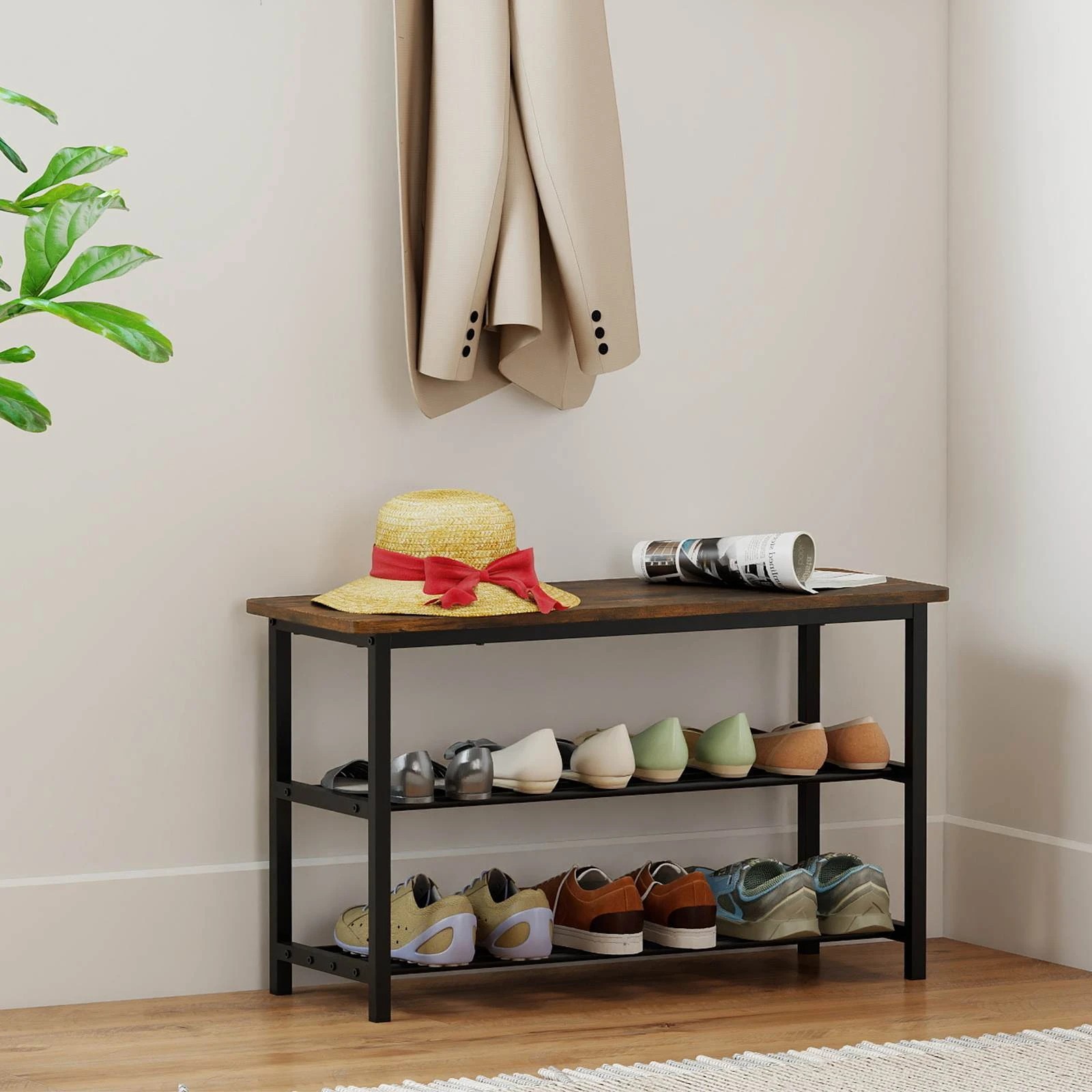 2 Costway 3-Tier Shoe Rack Shoe Storage Bench Hallway Rustic Boot Organiser Metal Shelves, 2 of 3
