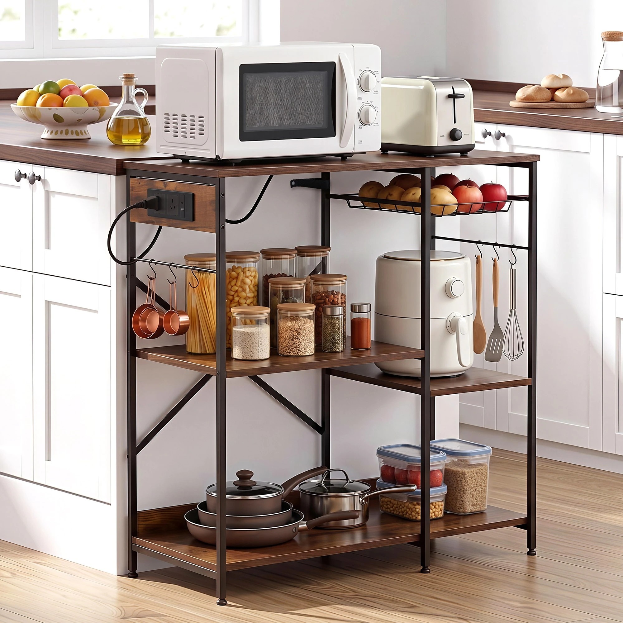 8 Artiss 3-Tier Kitchen Bakers Rack with 2 Power Outlets Microwave Stand 6 Hooks 90CM - Brown, 8 of 9