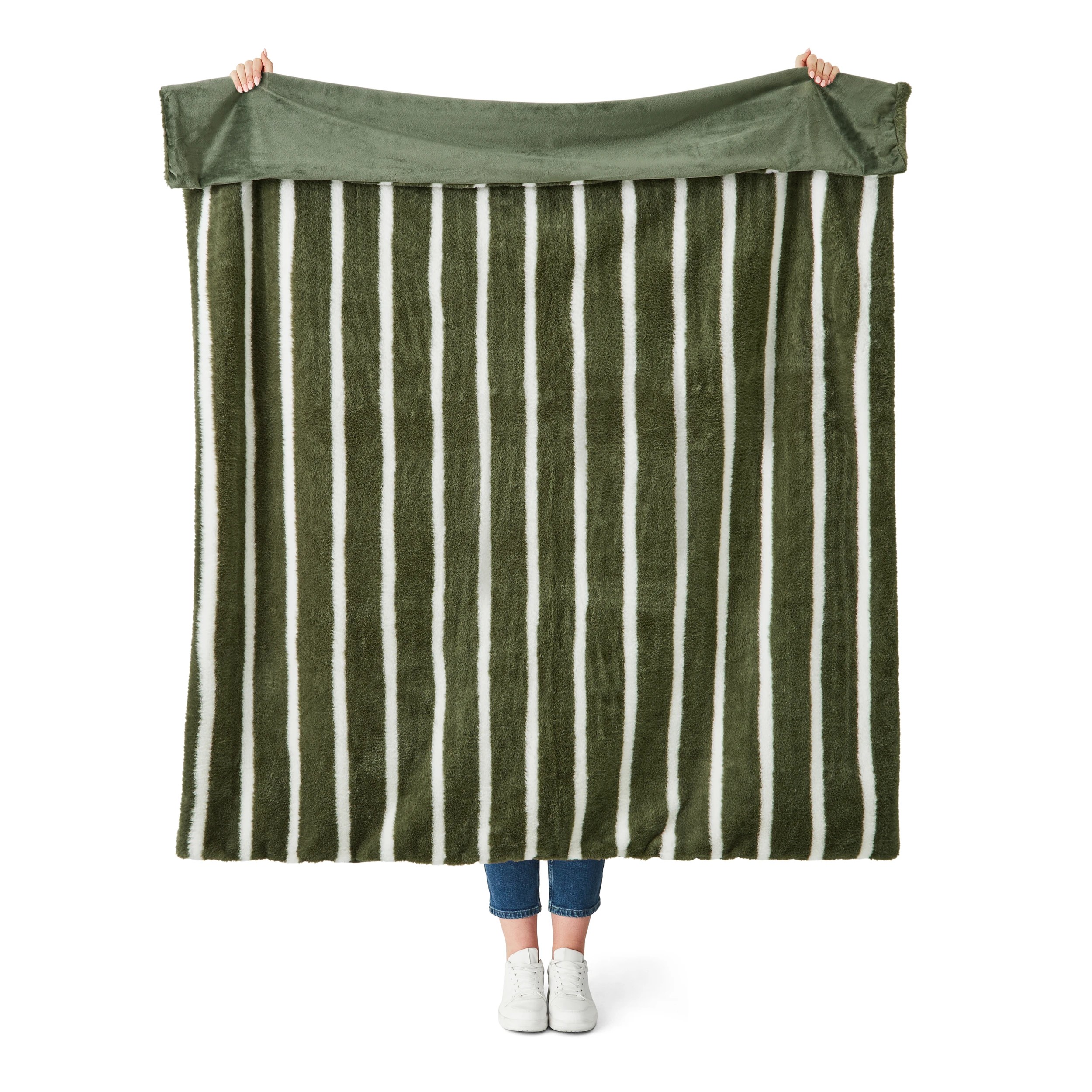2 Stripe Faux Fur Throw - Green, 2 of 6