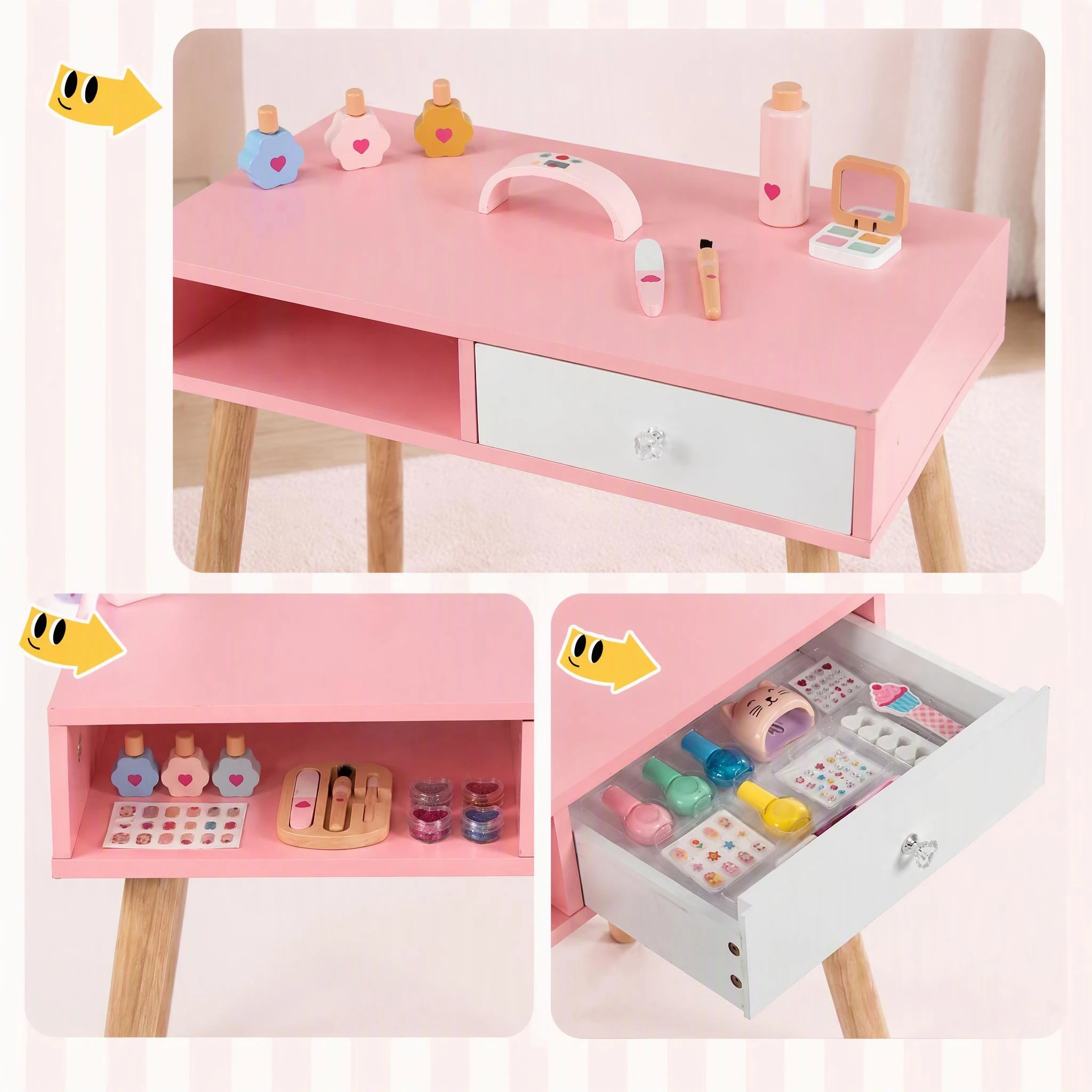 4 Costway Table Chair & Stool Set Pretend Nail Salon Playset - Pink, 4 of 9