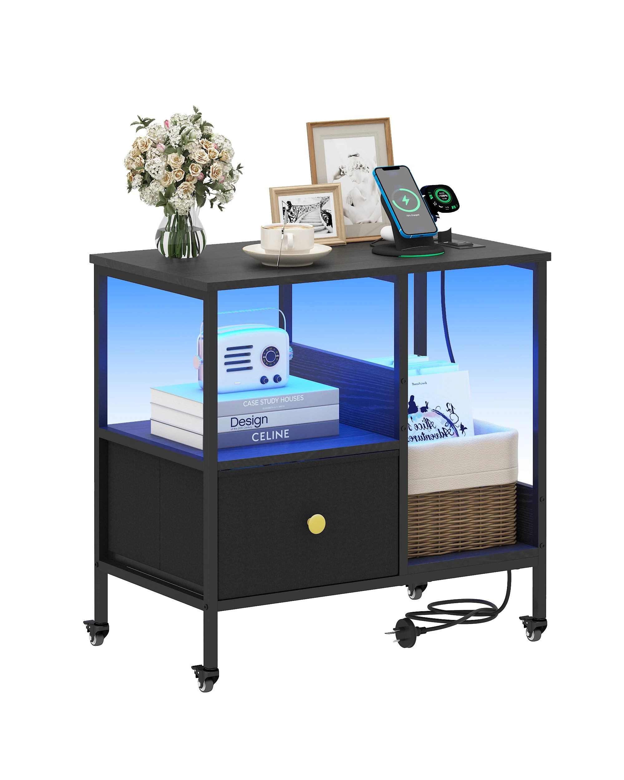 8 Advwin LED Side Table Sofa End Table w/ Power Outlets & Wheels Slim Bedside Table w/Reversible Drawer  - Black, 8 of 10