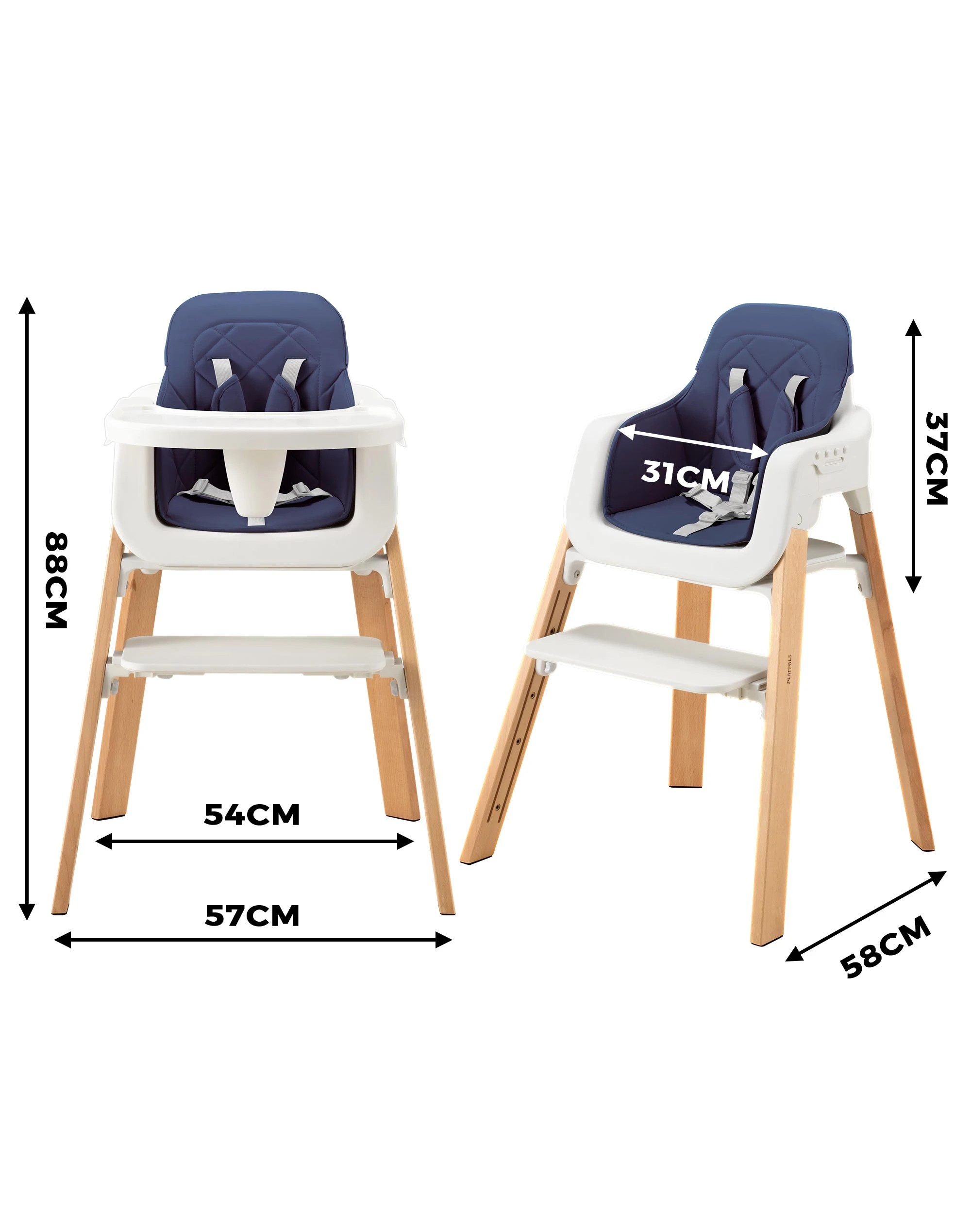 9 PlayPals 3-In-1 Baby High Chair Stable Wooden Feeding Chair Adjustable Tray & Footrest Blue, 9 of 9