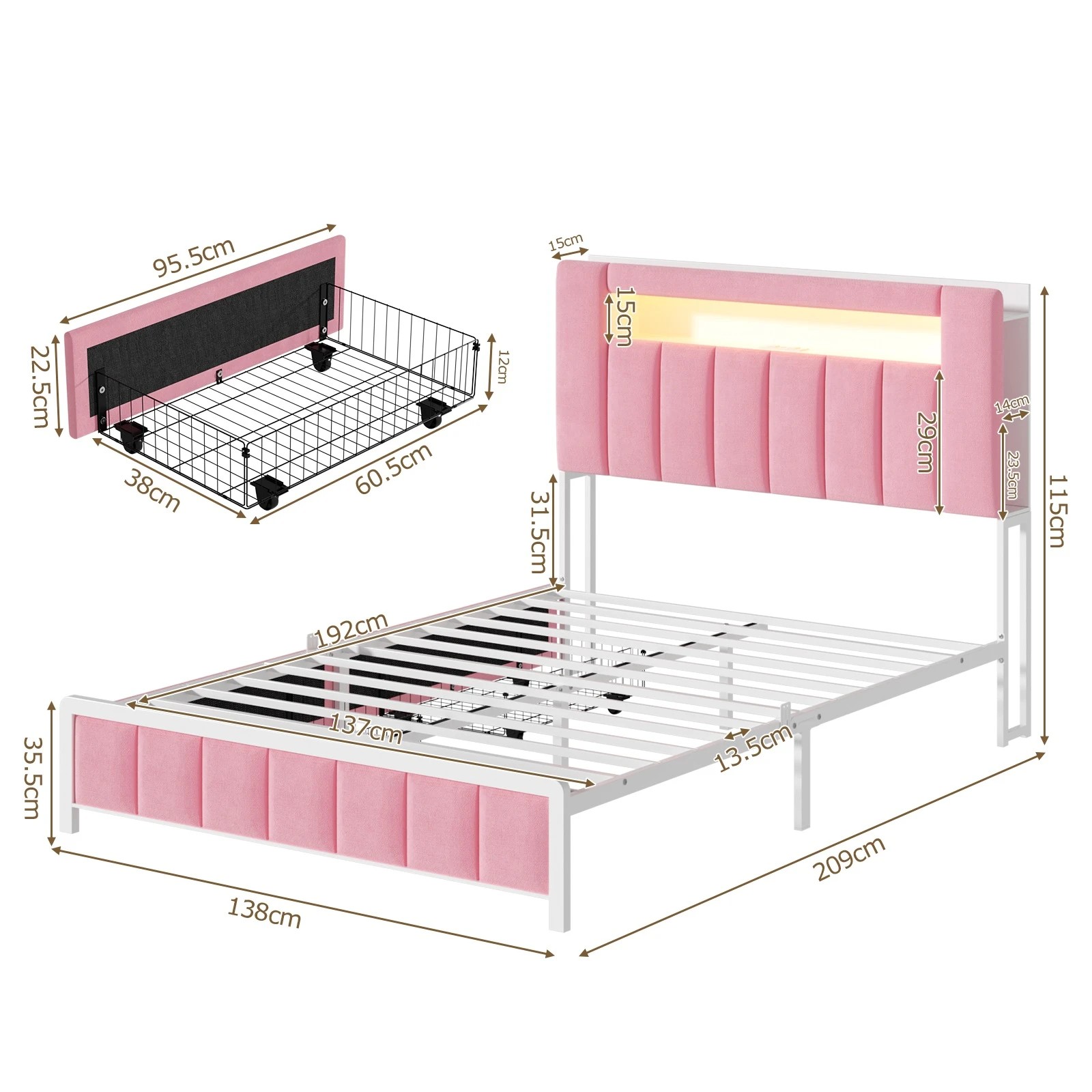 3 Advwin Double Bed Frame with LED Shelves Charging Station - Pink, 3 of 8
