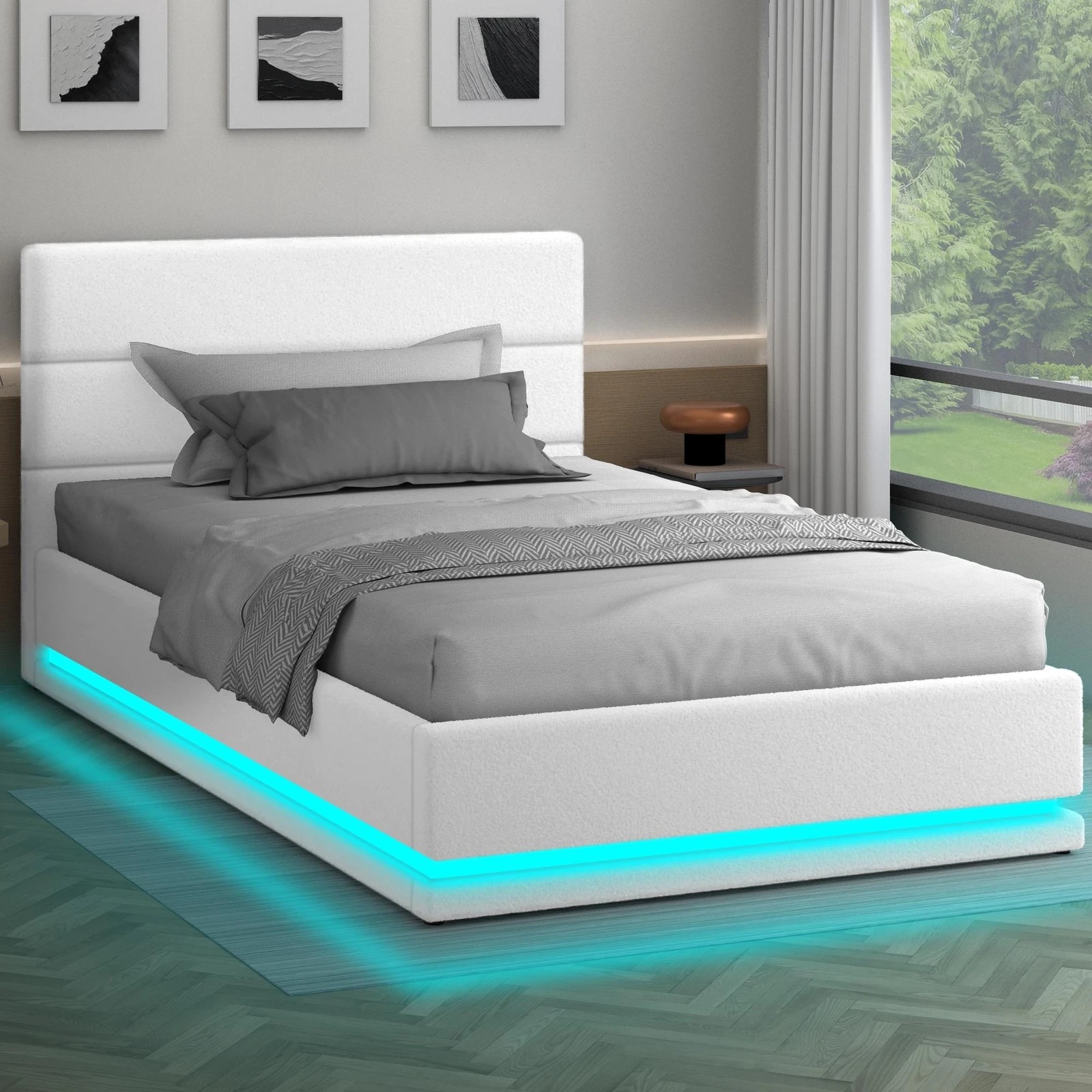 2 Alfordson Bed Frame Single Size Platform RGB LED Gas Lift Base Storage Boucle - White, 2 of 10