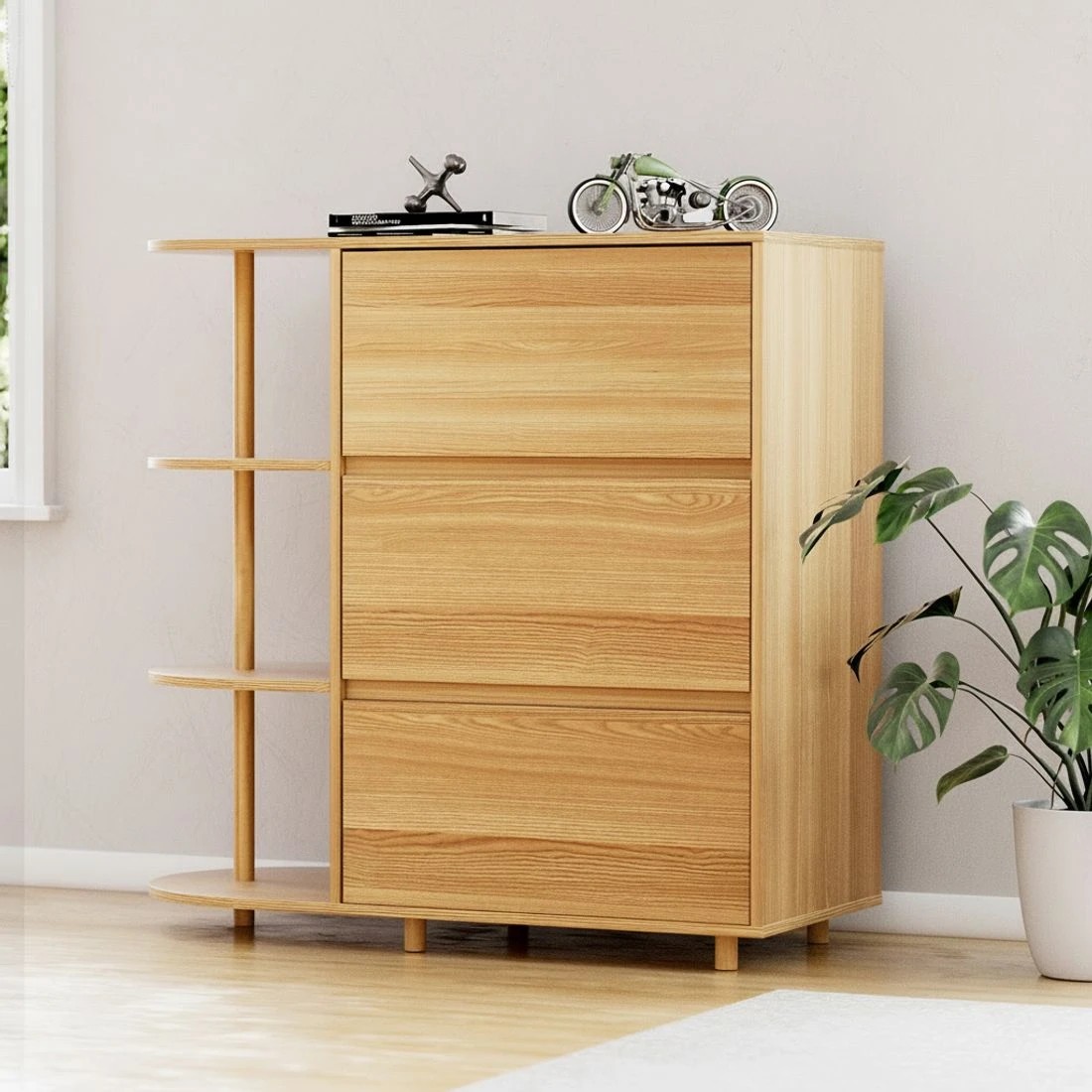 5 Artiss Chest of 3 Drawers Storage Cabinet 3 Shelves - Natural, 5 of 5