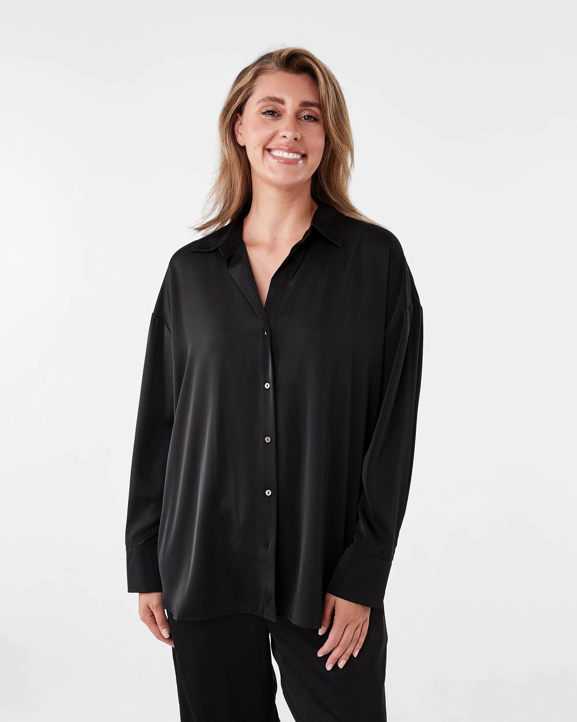 3 Long Sleeve Oversized Satin Shirt Black, 3 of 10