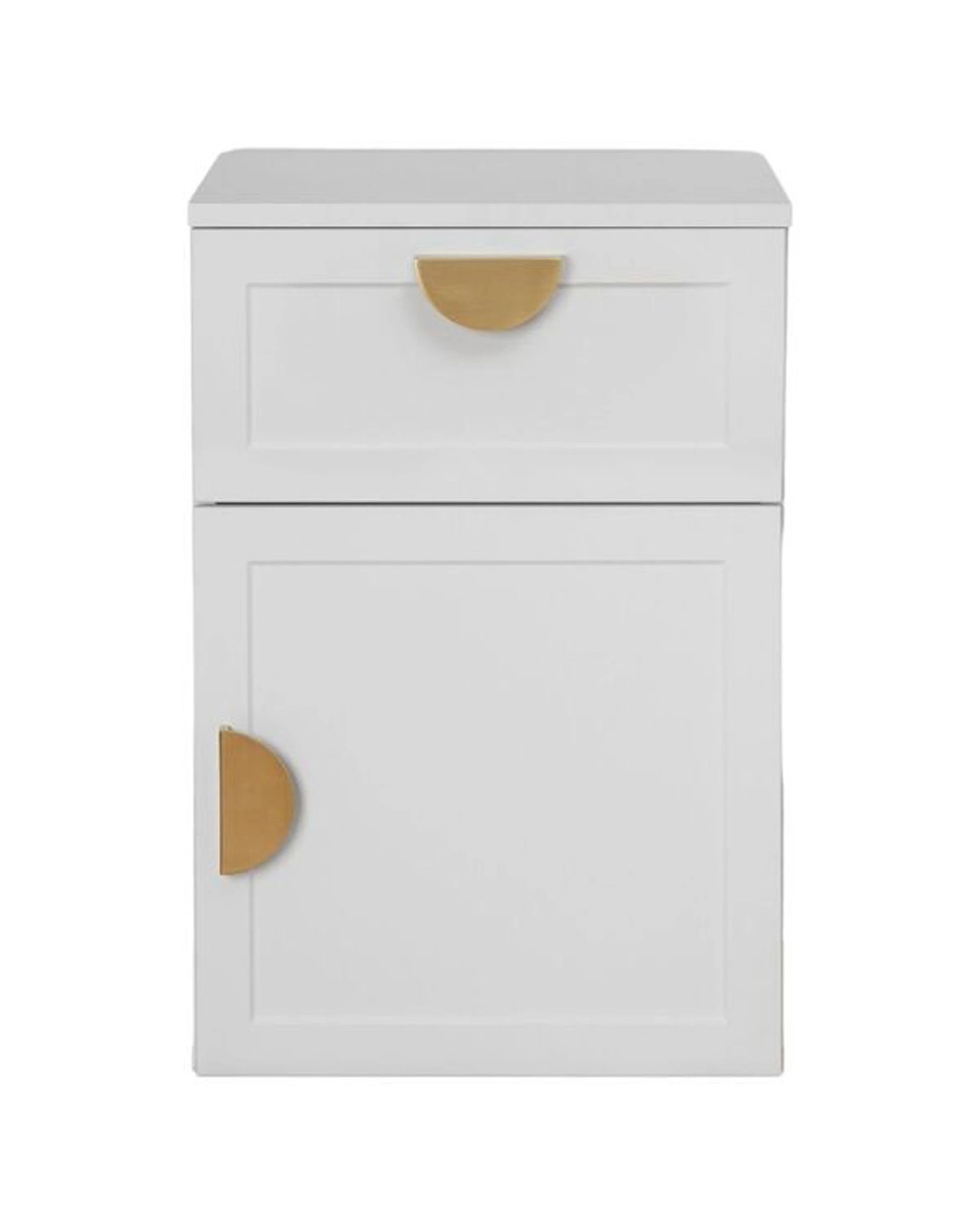 1 European Cabinetry Porto Bedside Table Hamptons Brass Half Moon Handle - White, 1 of 4