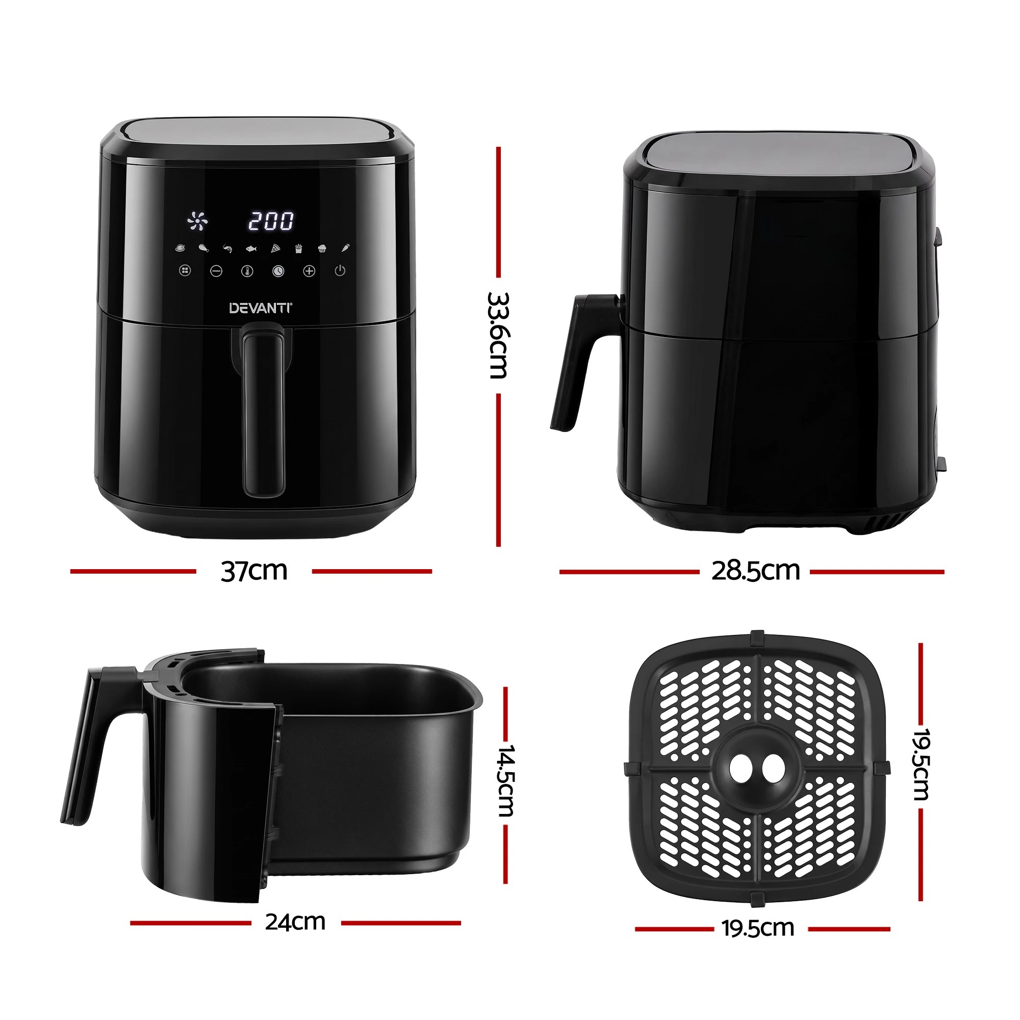 2 Devanti 6.5L Digital Air Fryer With 8 Cooking Presets - Black, 2 of 10