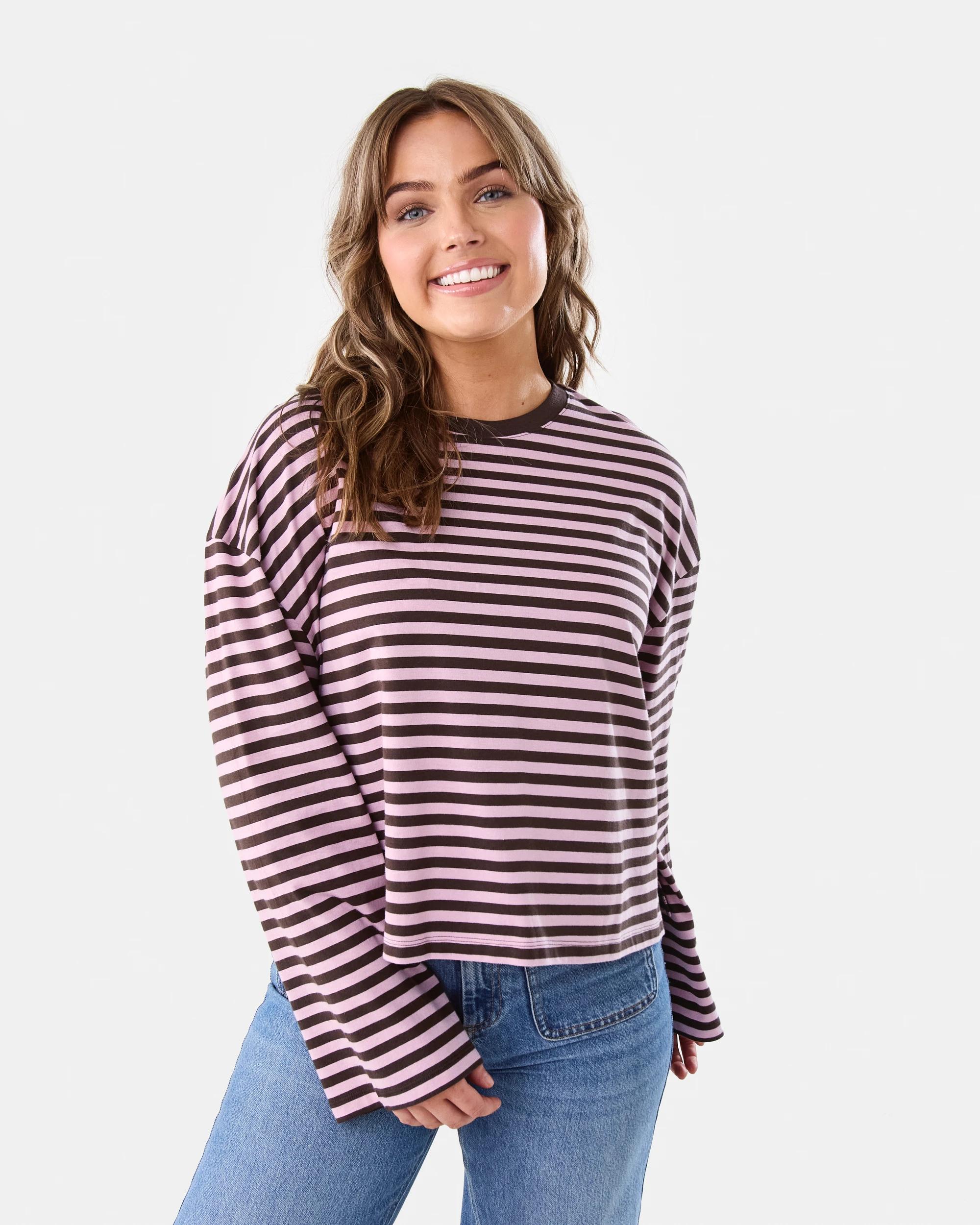 1 Long Sleeve Oversized Boyfriend Print T-shirt Pink Strp, 1 of 5