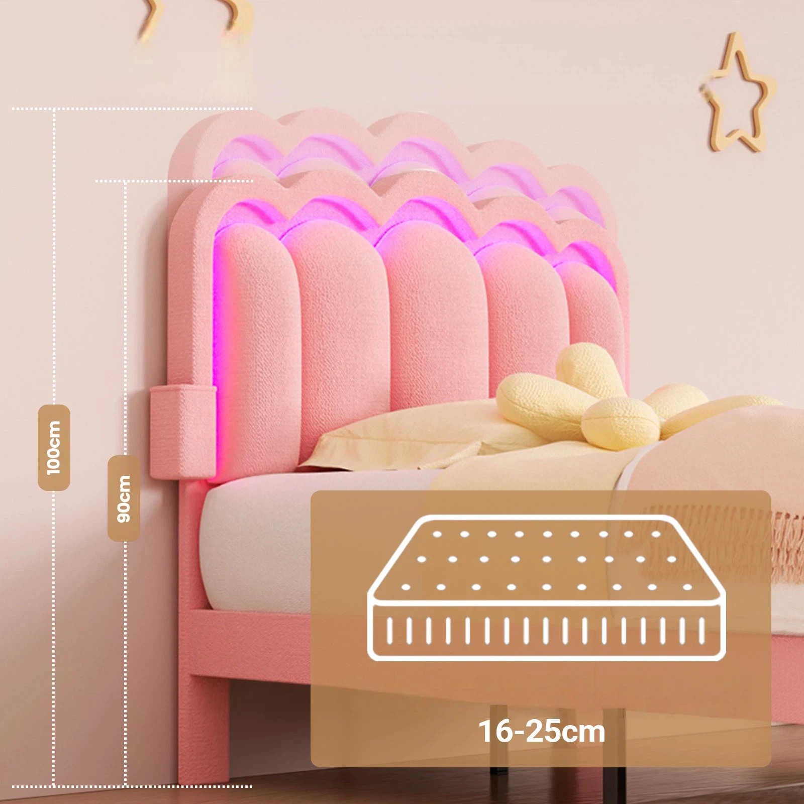 5 Advwin LED Bed Frame with Adjustable Headboard and Drawer USB Velvet King Single - Pink, 5 of 10