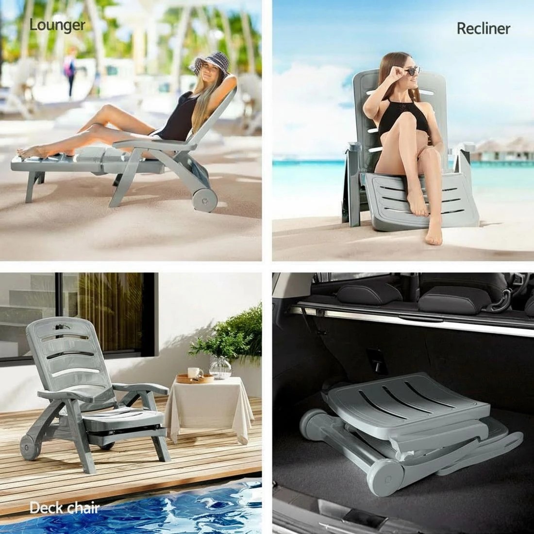 4 Gardeon Sun Lounger Folding Lounge Chair Wheels Patio Outdoor Furniture - Grey, 4 of 5