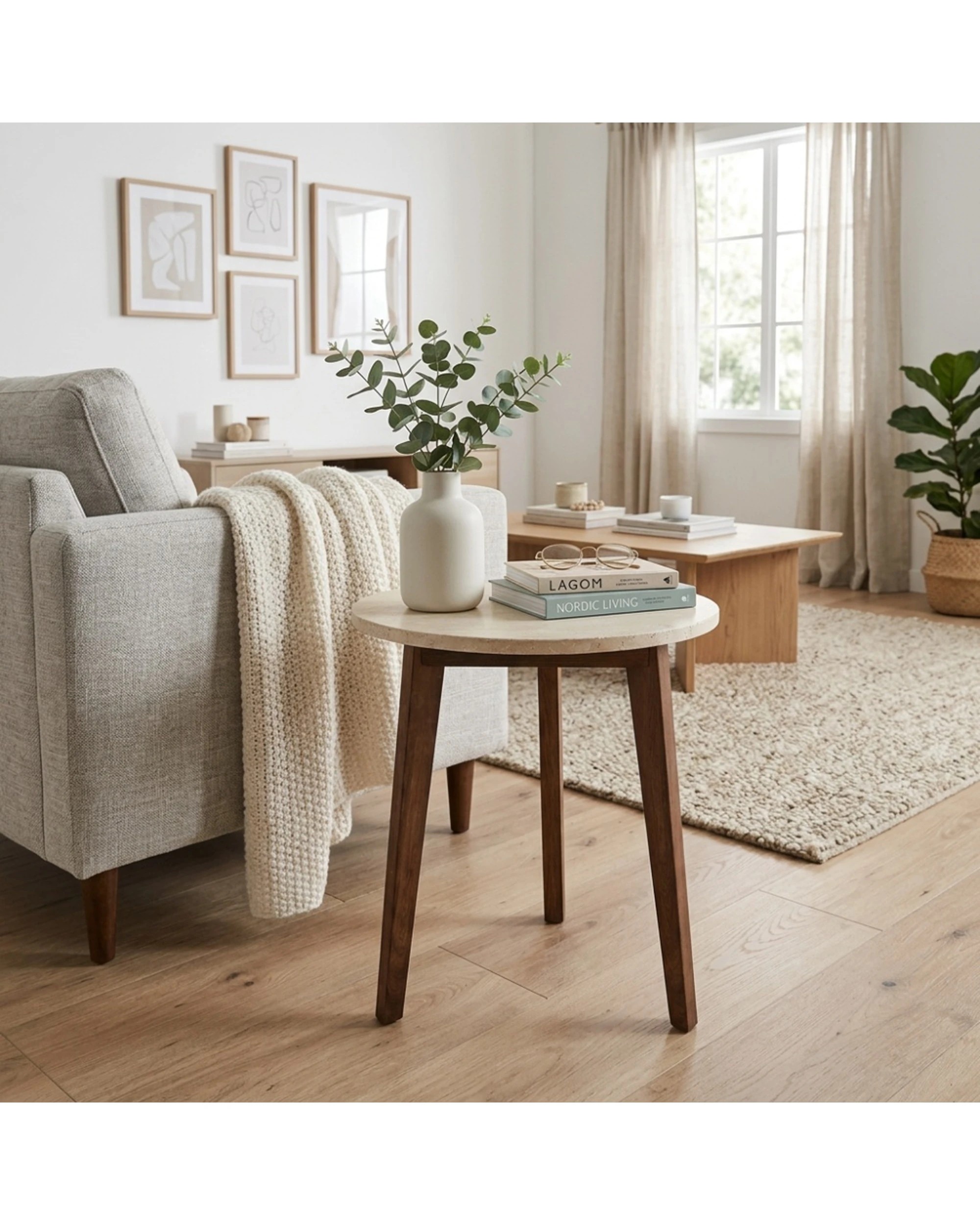 4 Codu Nero Walnut Side Table Timber Base 60x50x50cm Travertine - Beige, 4 of 8