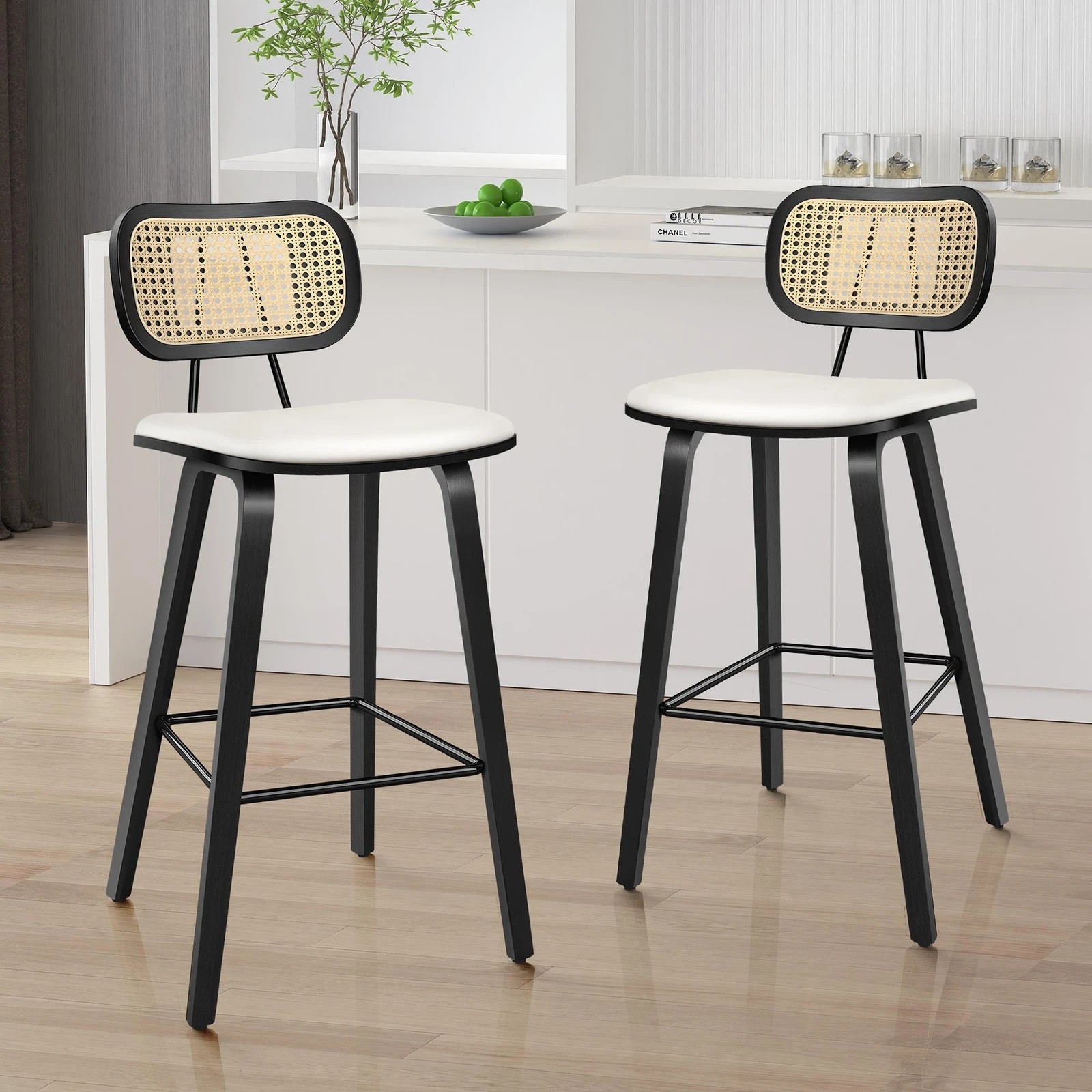 2 Alfordson 2x Bar Stools Kitchen Vintage Leather Seat Rattan Chair - White, 2 of 10