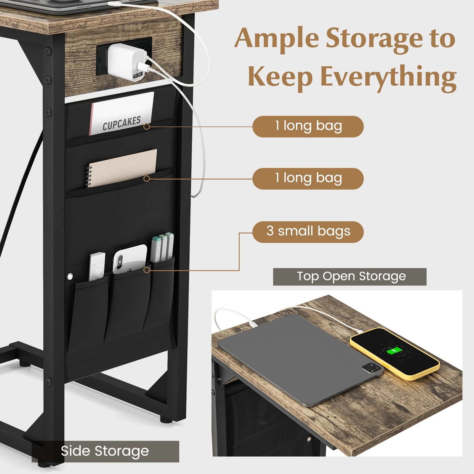 3 Costway 2 x C-Shaped Side End Table w/2 USB Ports & 1 Outlets, 3 of 10