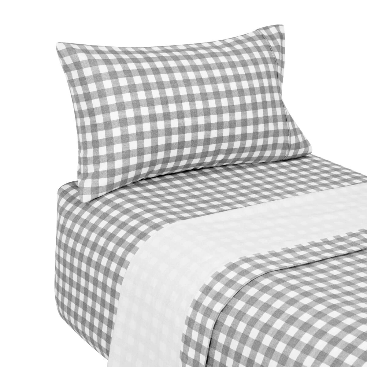 5 Gingham Cotton Flannelette Sheet Set - Single Bed, Grey, 5 of 7