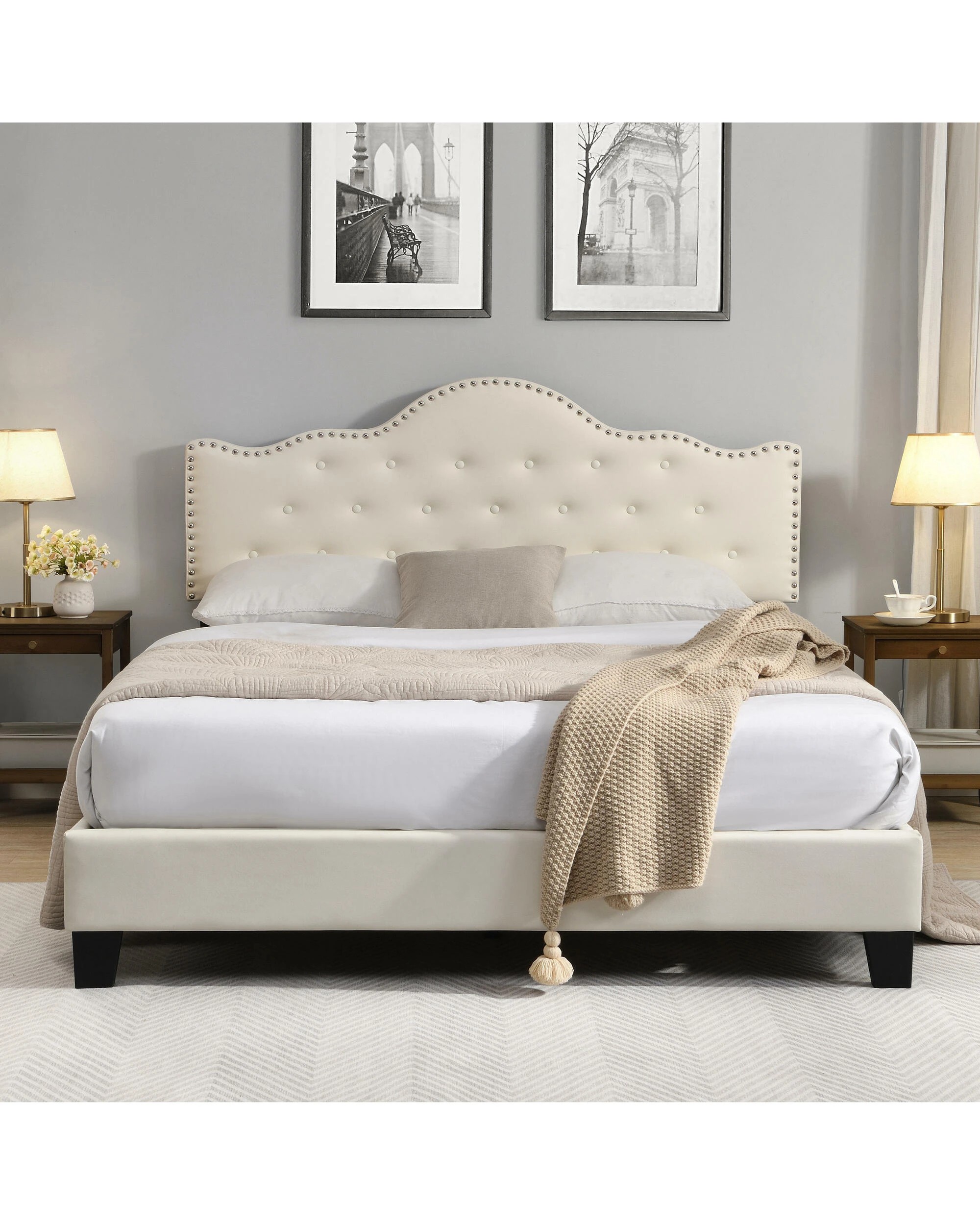 2 IHOMDEC BEF05 Button Tufted Queen Bed Frame - Beige - Beige, 2 of 10