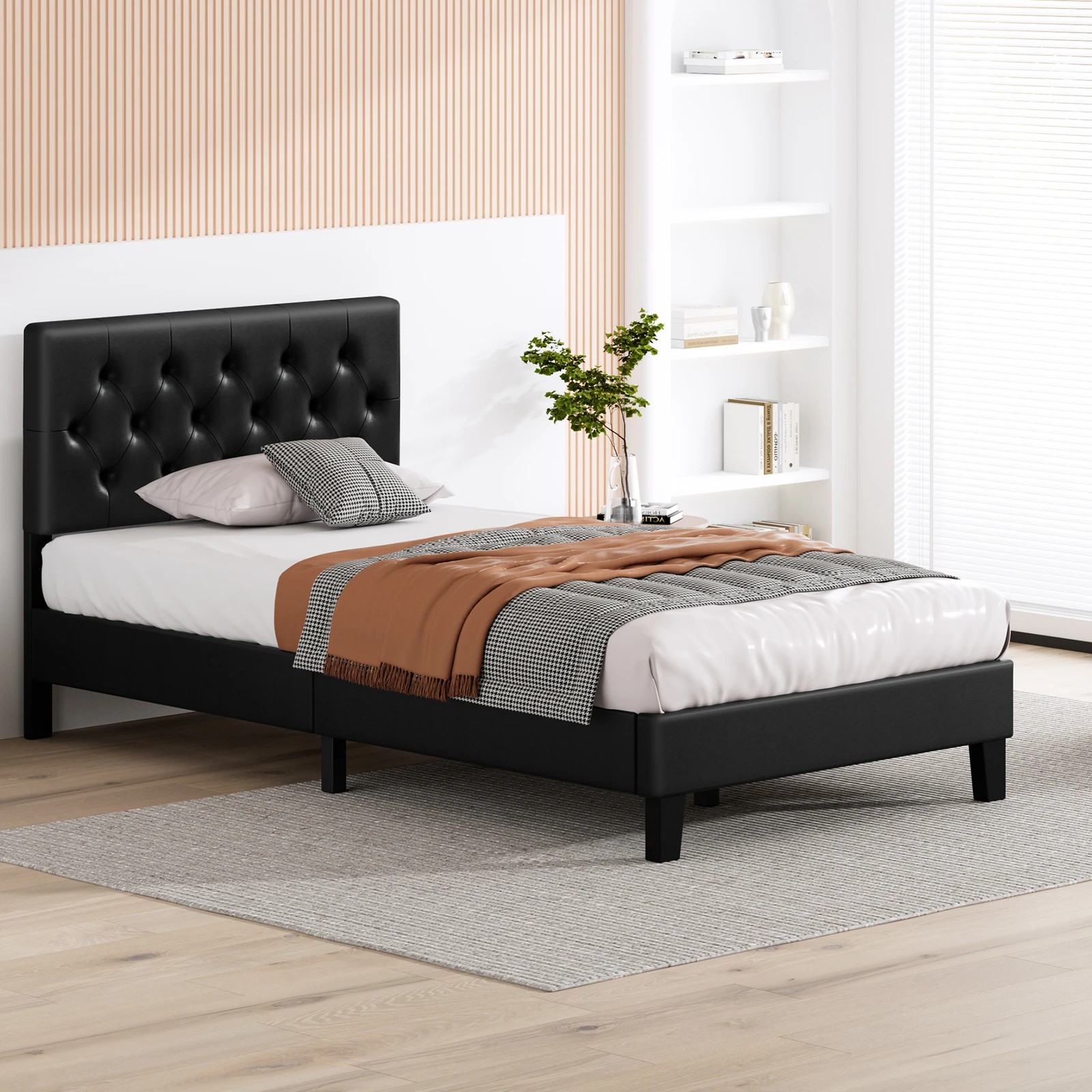 4 Alfordson Bed Frame Single Size Tufted Headboard Modern Leather Meduna - Black, 4 of 9