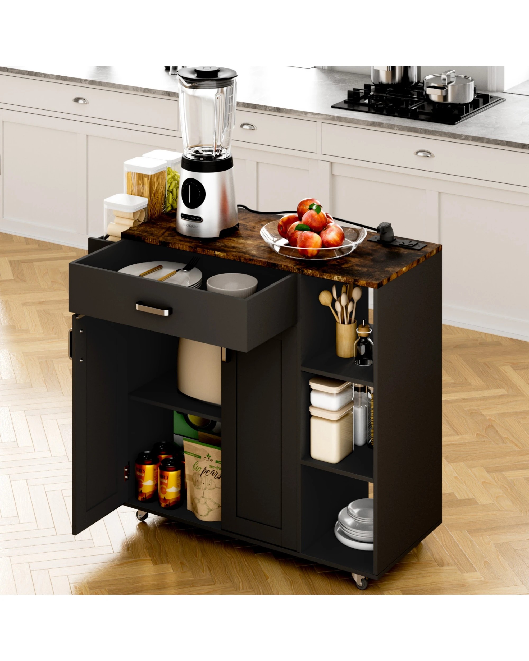 3 Advwin Kitchen Island Cart Rolling Trolley Cabinet on Wheels with Charging Station Adjustable Shelves Spice Rack - Black, 3 of 8