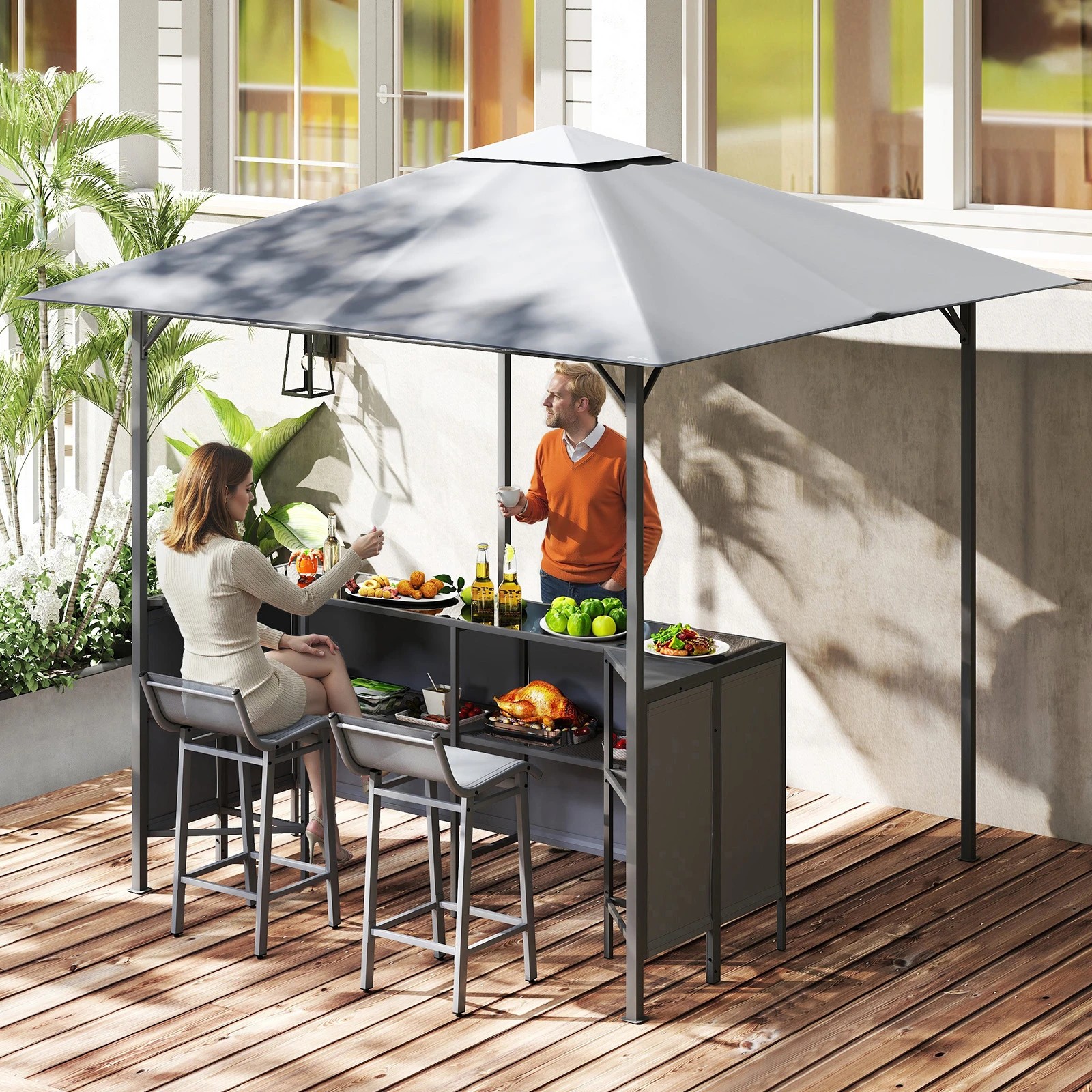 3 Costway 3-Piece Patio Bar Set 2.5 m Double-Tier Grill Gazebo - Grey, 3 of 3