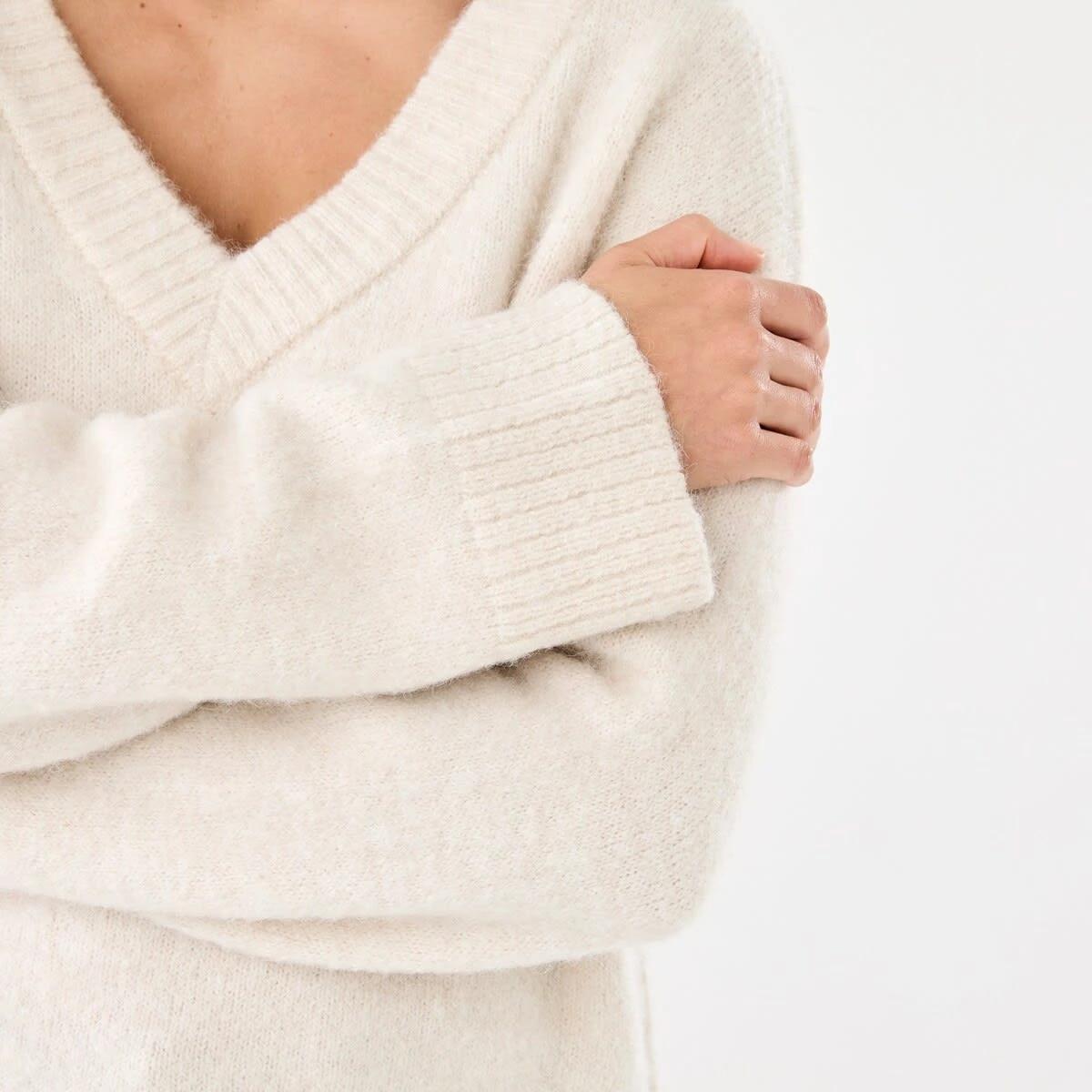 6 Fluffy V-Neck Jumper Beige Marl, 6 of 7
