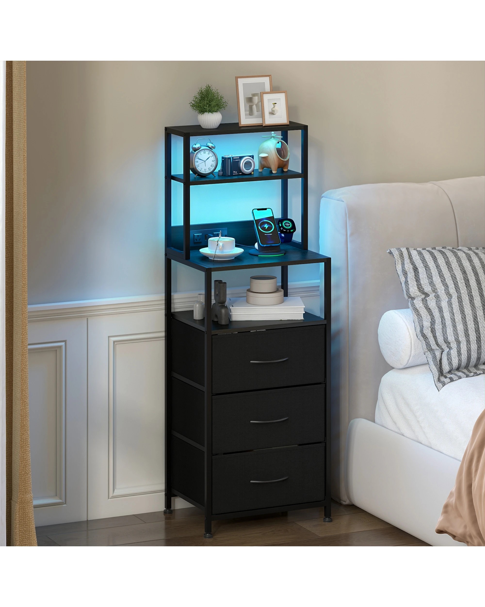 6 Advwin Set of 2 Led Bedside Table with Charging Station 3 Fabric Drawers - Black, 6 of 8
